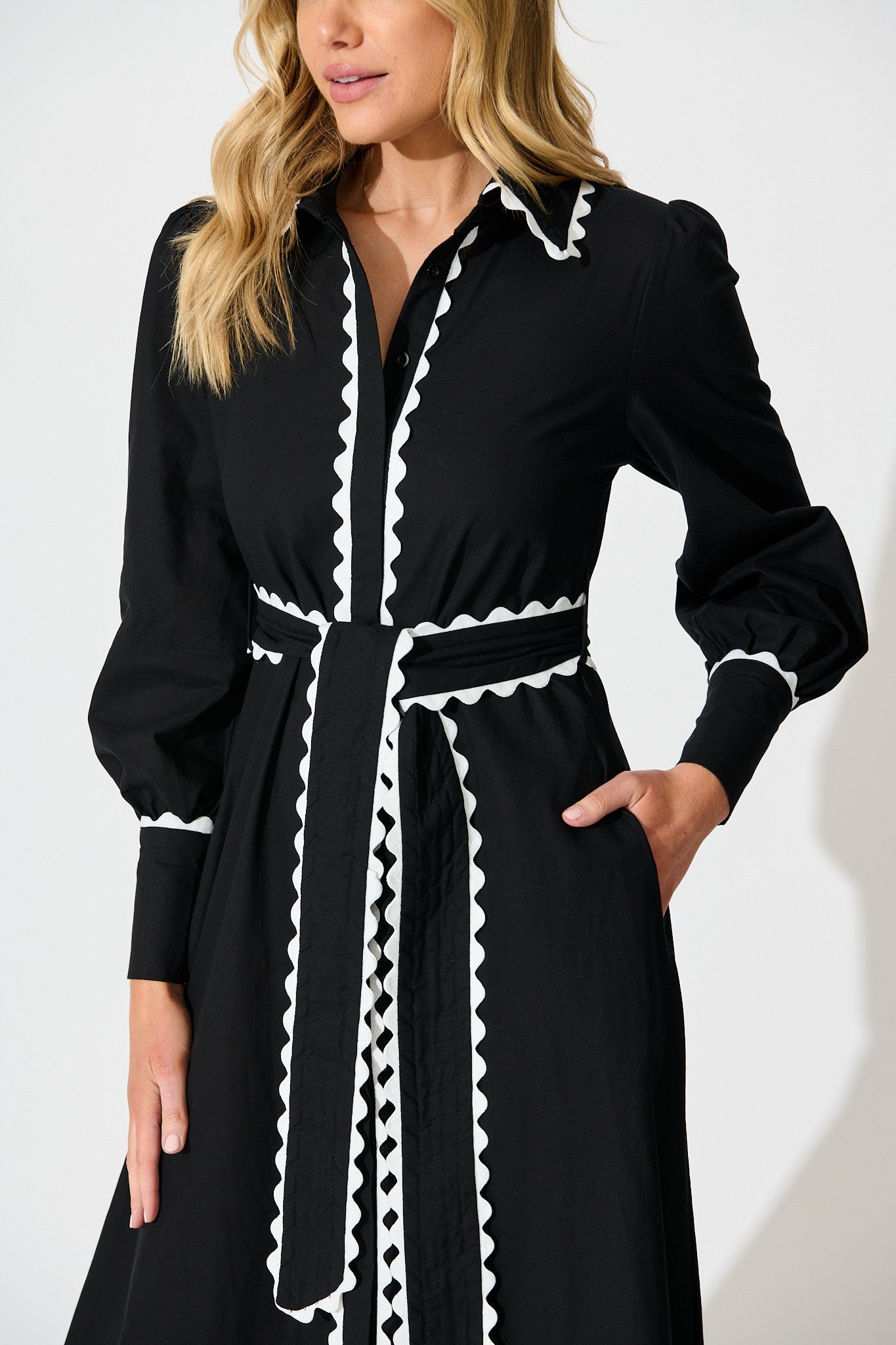 Lilyfield Midi Shirt Dress in Black with Contrast Trim Cotton