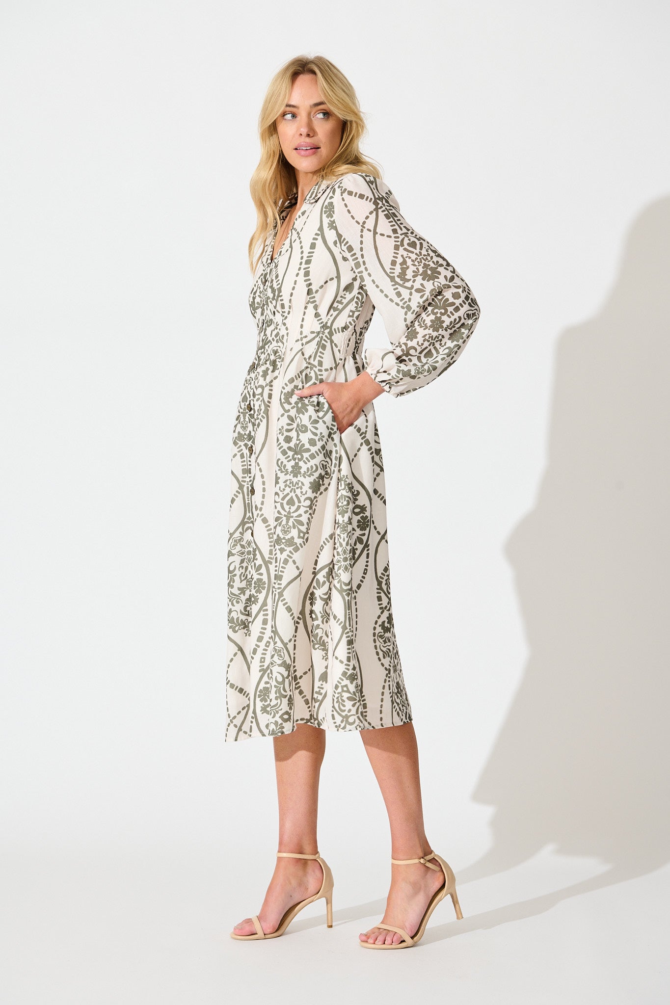 Erica Midi Shirt Dress in Cream with Green Linen Blend