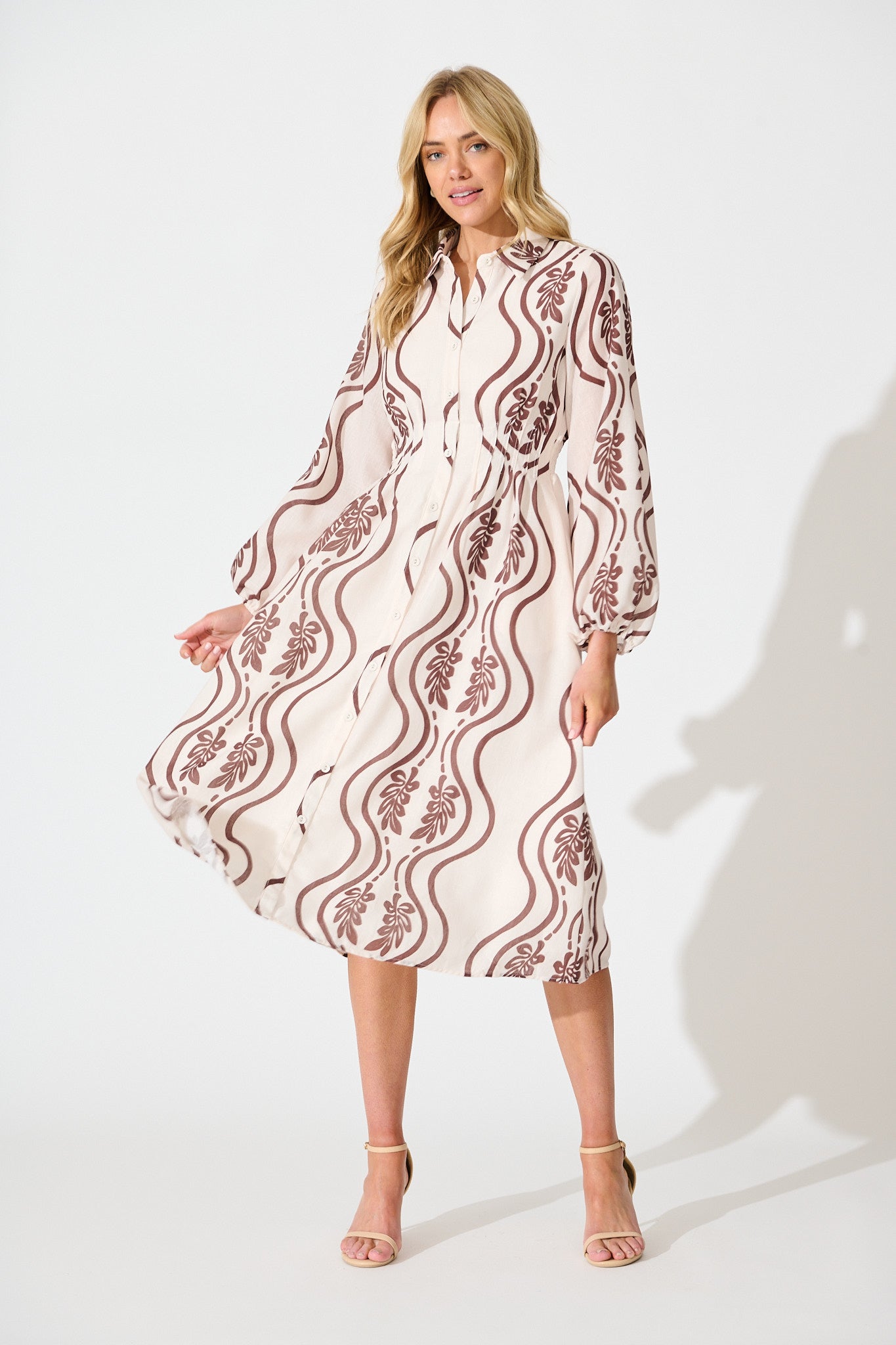 Nola Midi Shirt Dress in Cream with Brown Print Linen Blend