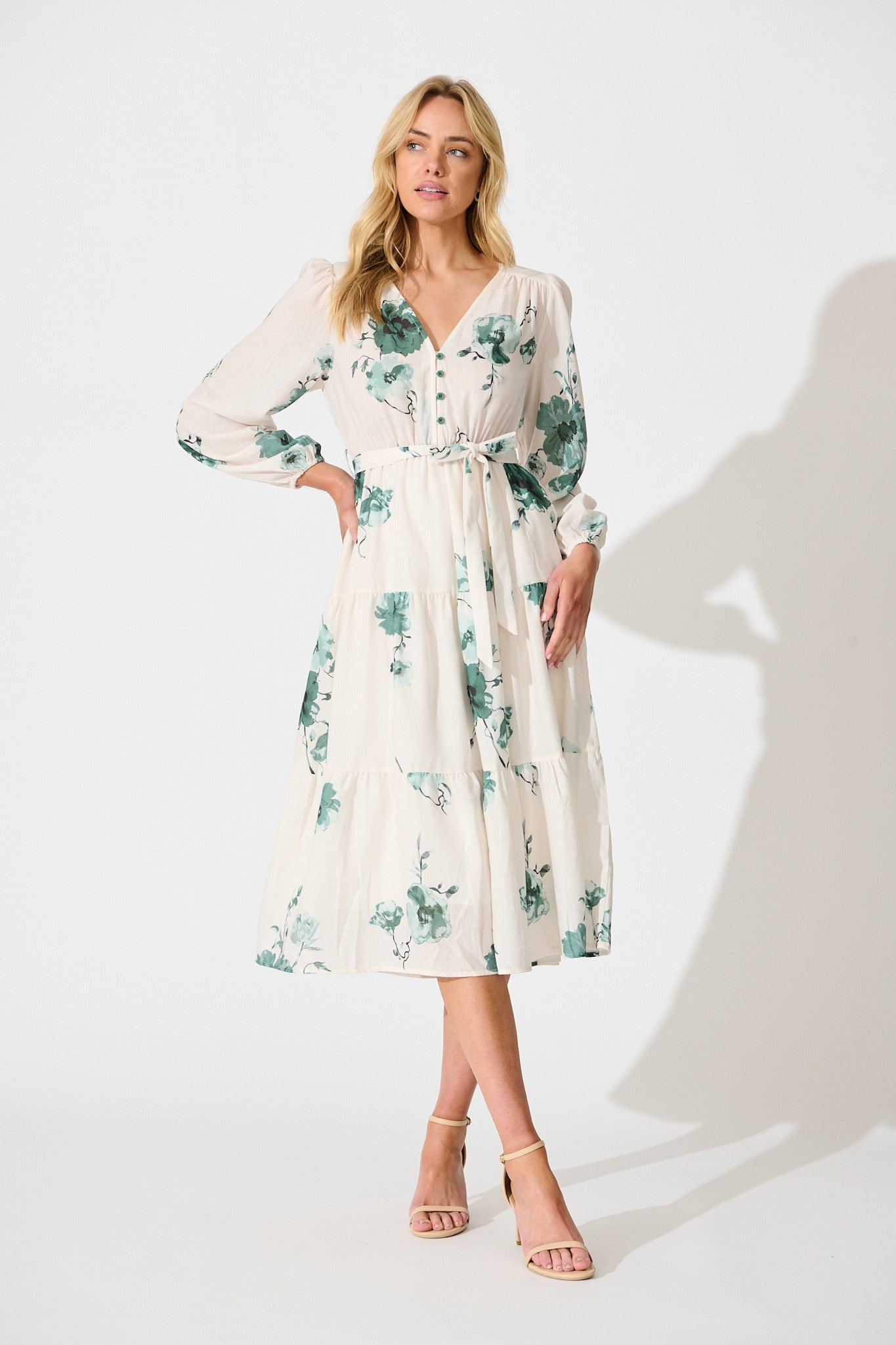 Carley Midi Dress in Cream with Green Floral Linen Blend