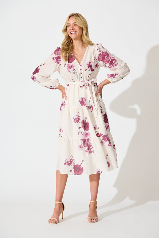 Carley Midi Dress in Cream with Purple Floral Linen Blend