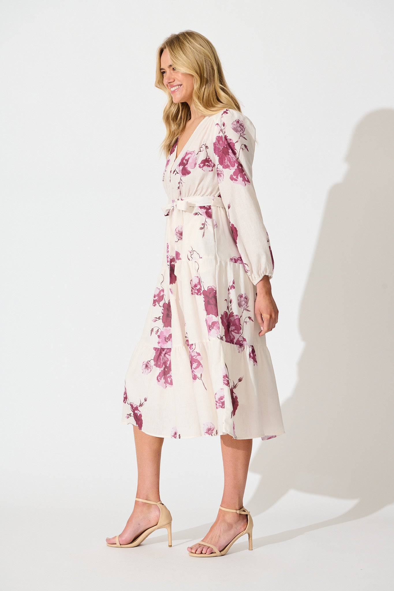 Carley Midi Dress in Cream with Purple Floral Linen Blend