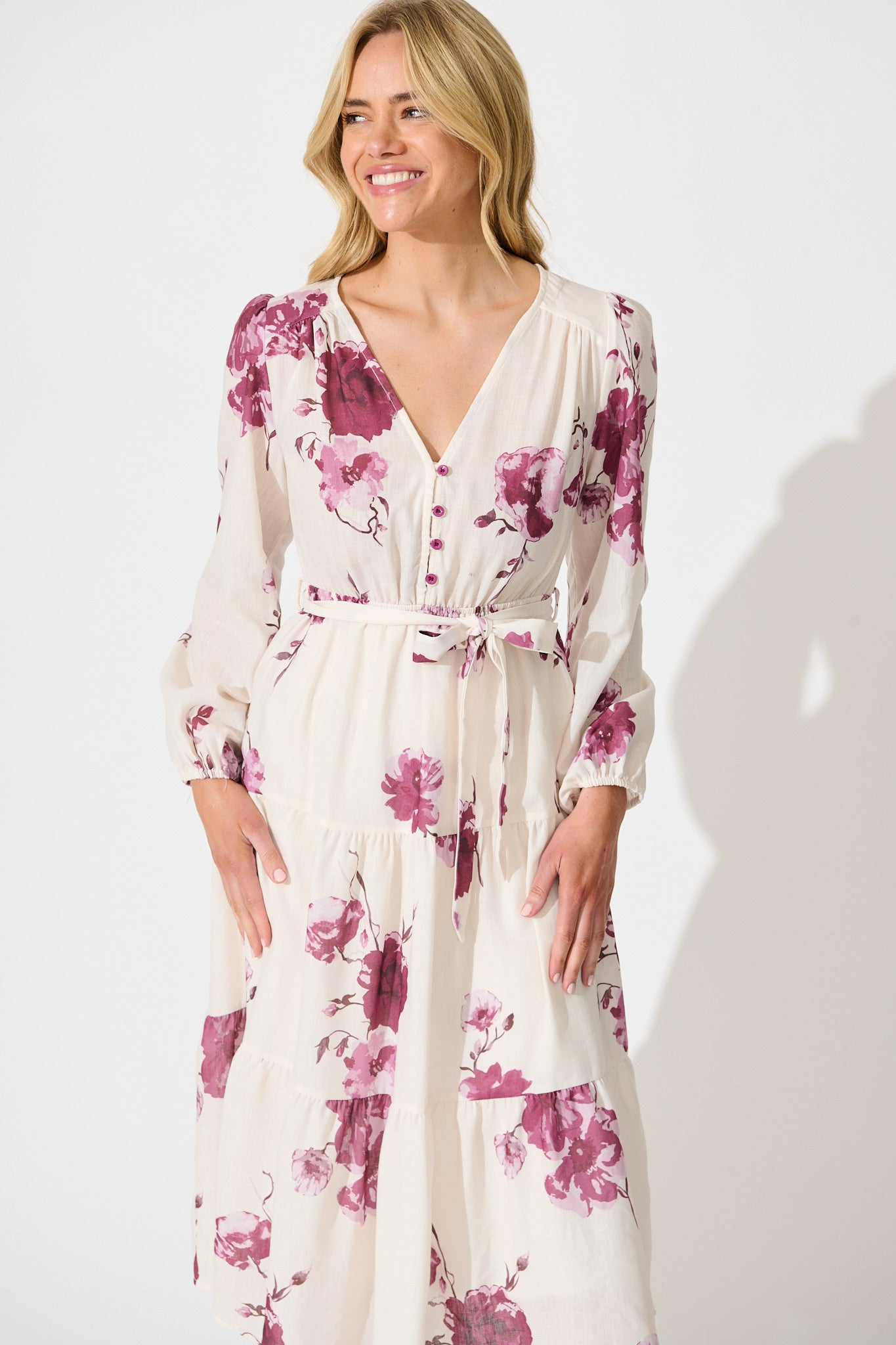 Carley Midi Dress in Cream with Purple Floral Linen Blend