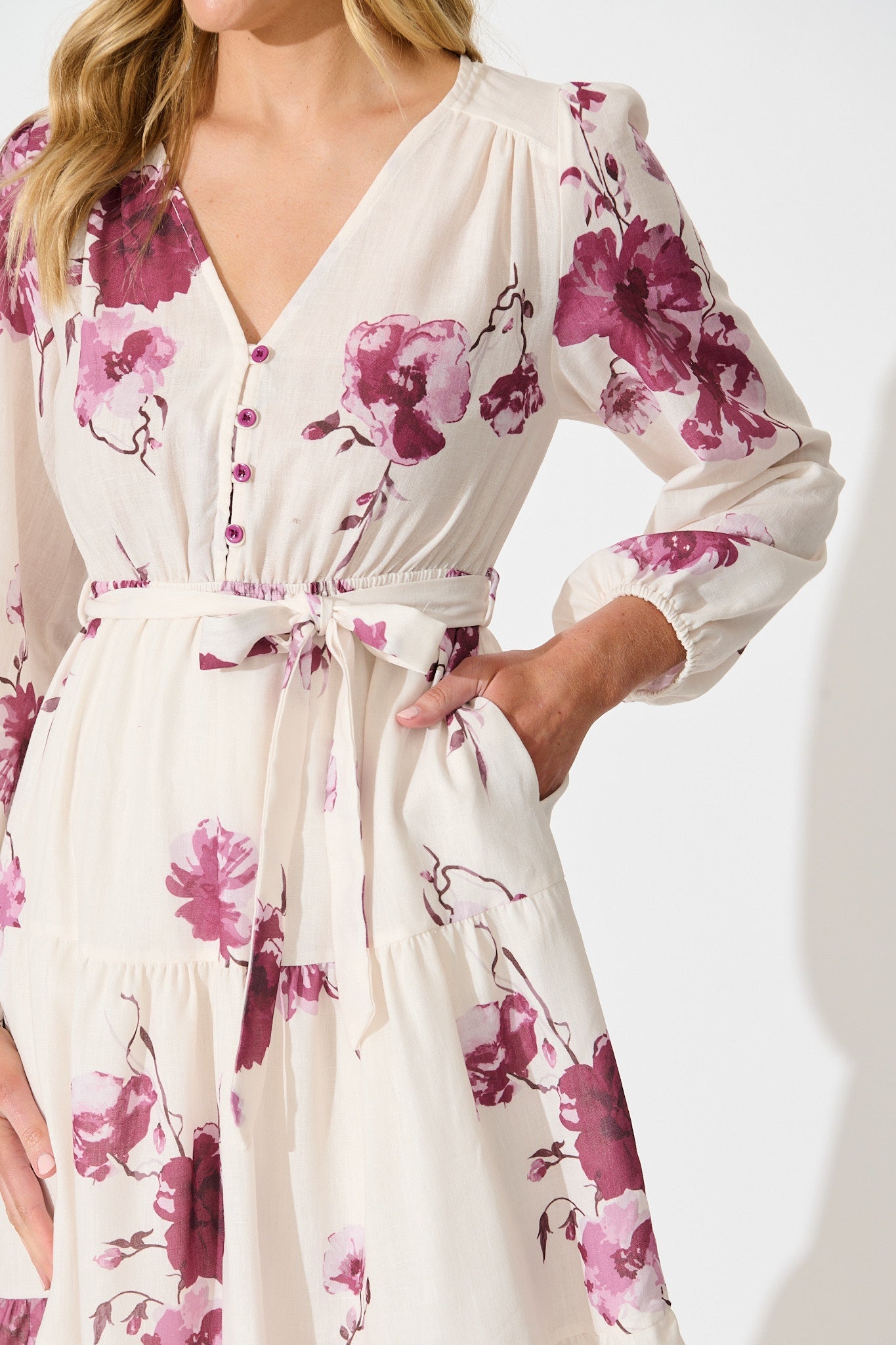 Carley Midi Dress in Cream with Purple Floral Linen Blend