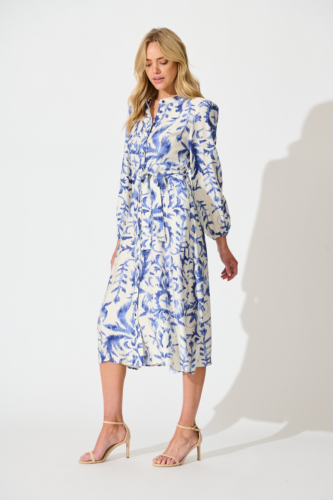 Marnie Midi Dress in White and Blue Print