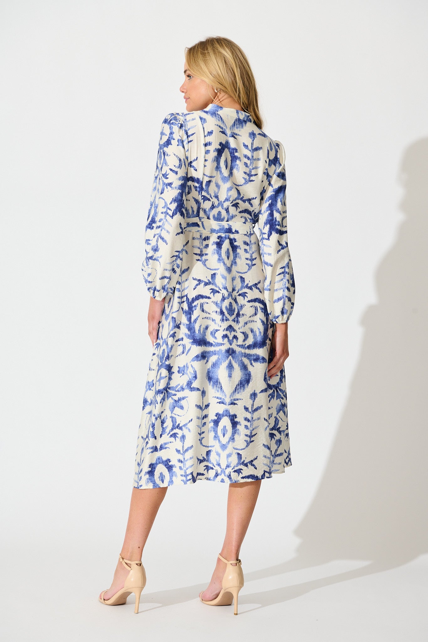 Marnie Midi Dress in White and Blue Print