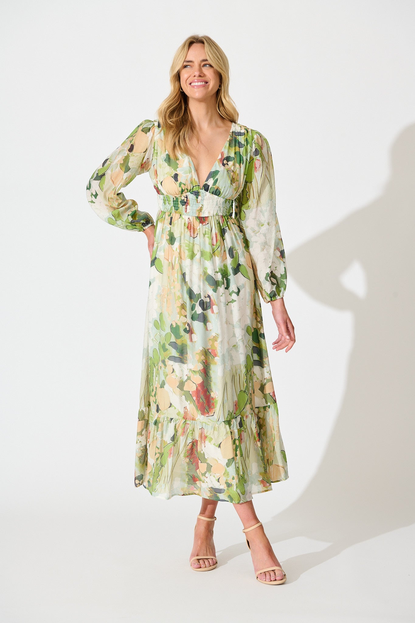 So Devine Midi Dress in Multi Green Cotton Blend