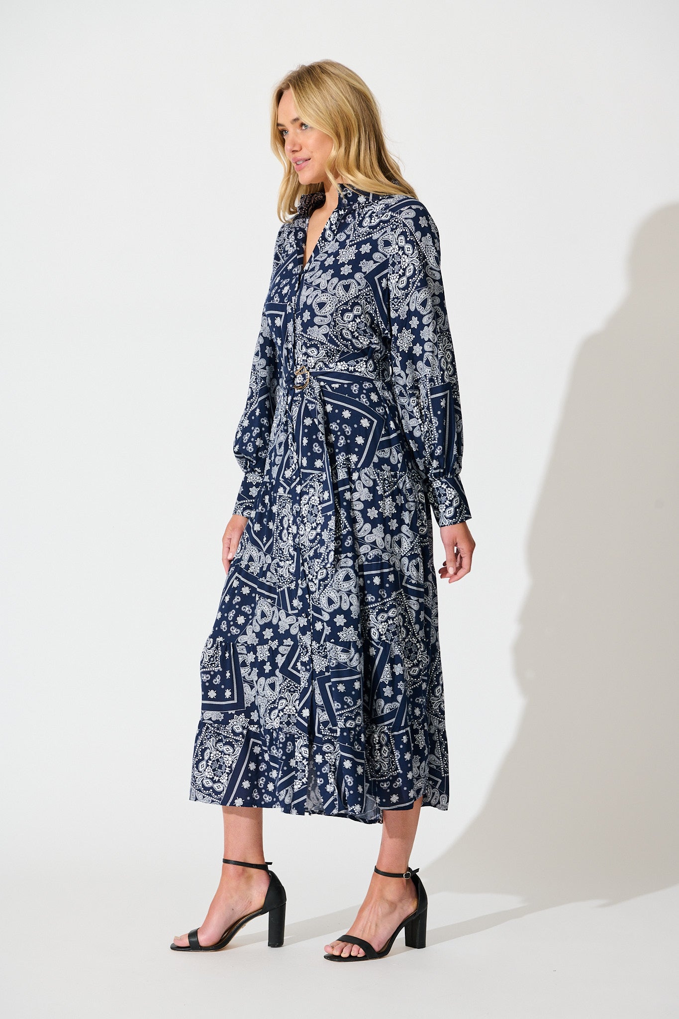 Stasia Maxi Dress in Navy with White Print