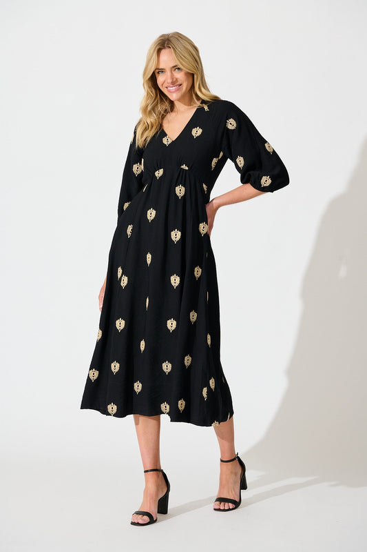 Janelle Midi Dress in Black Embroidery