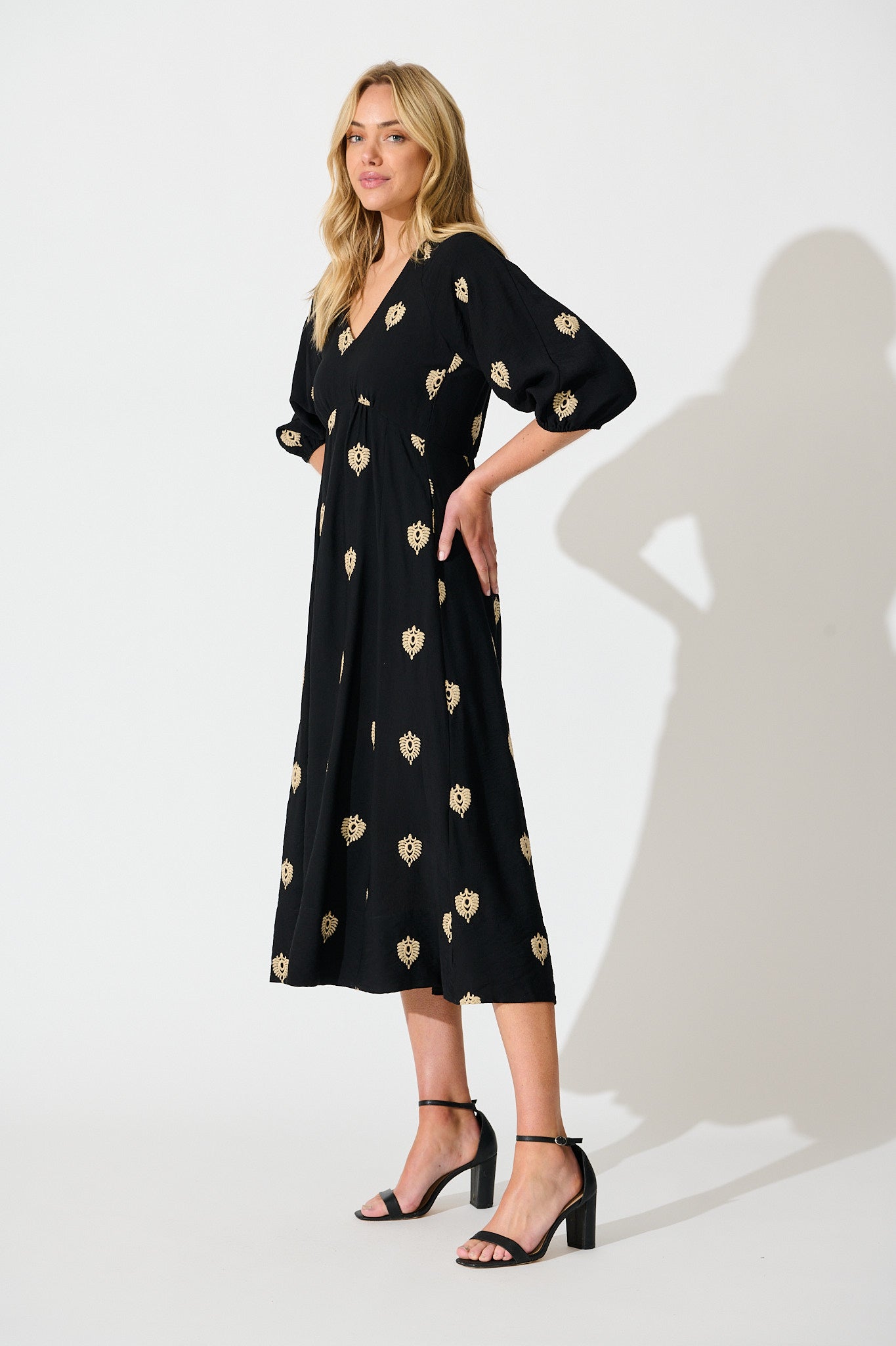 Janelle Midi Dress in Black Embroidery