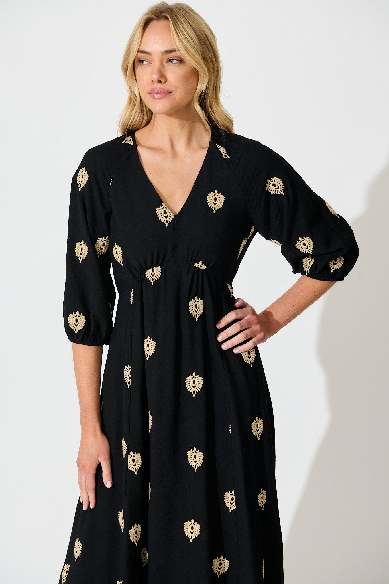 Janelle Midi Dress in Black Embroidery