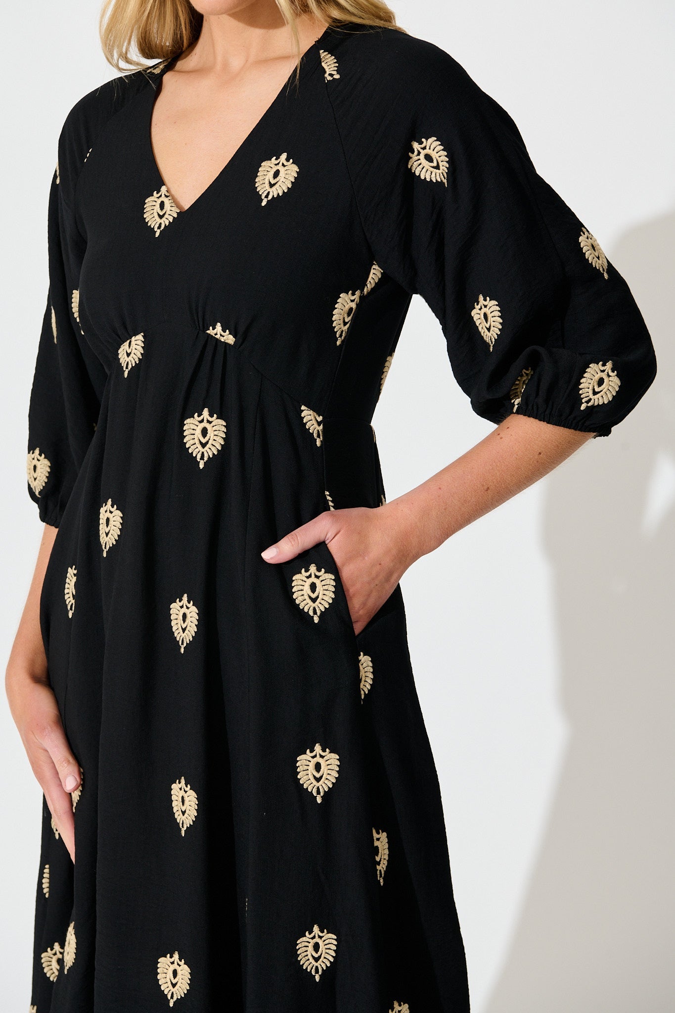 Janelle Midi Dress in Black Embroidery