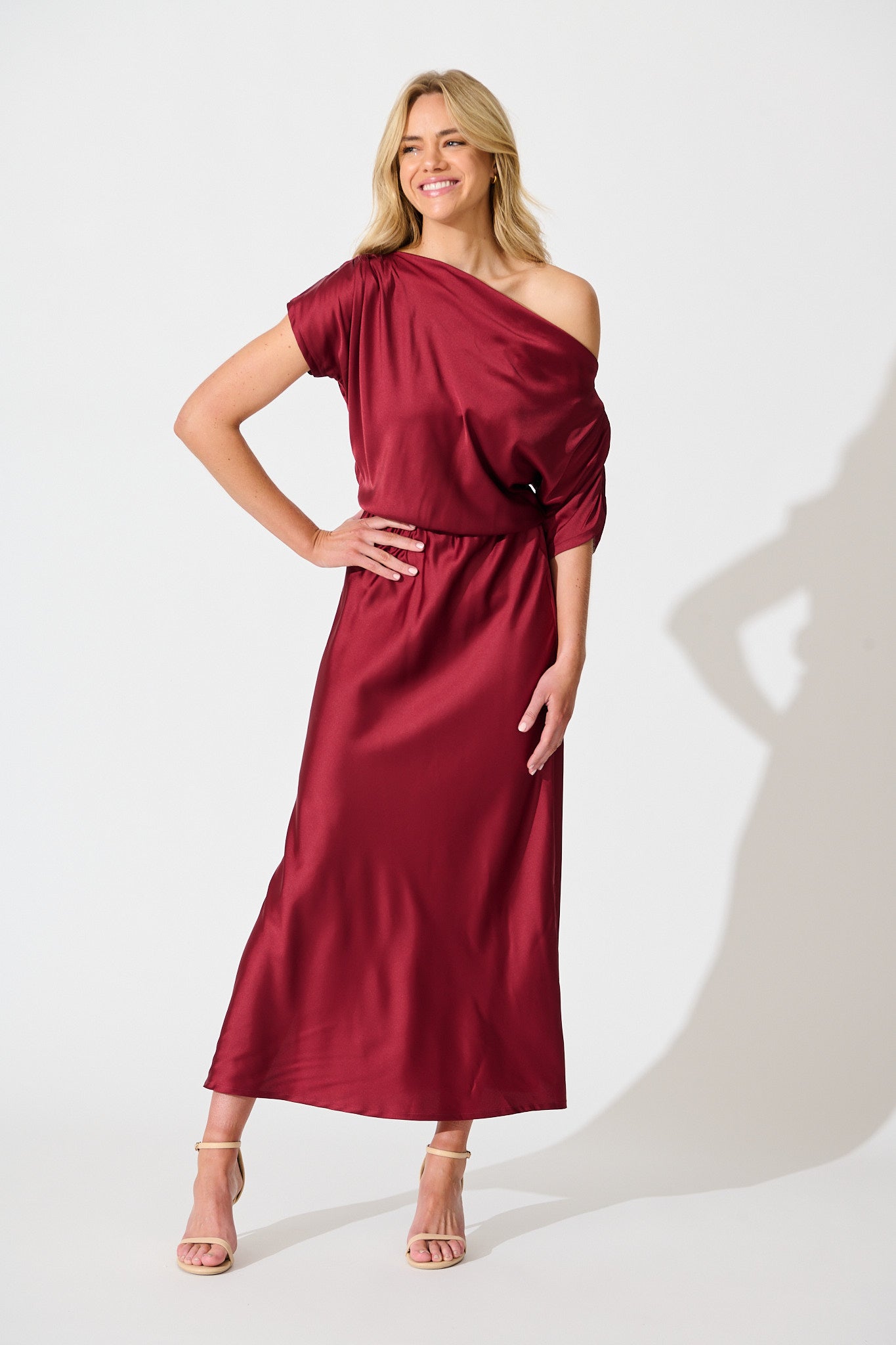 Sarita Maxi Off Shoulder Dress in Wine Satin