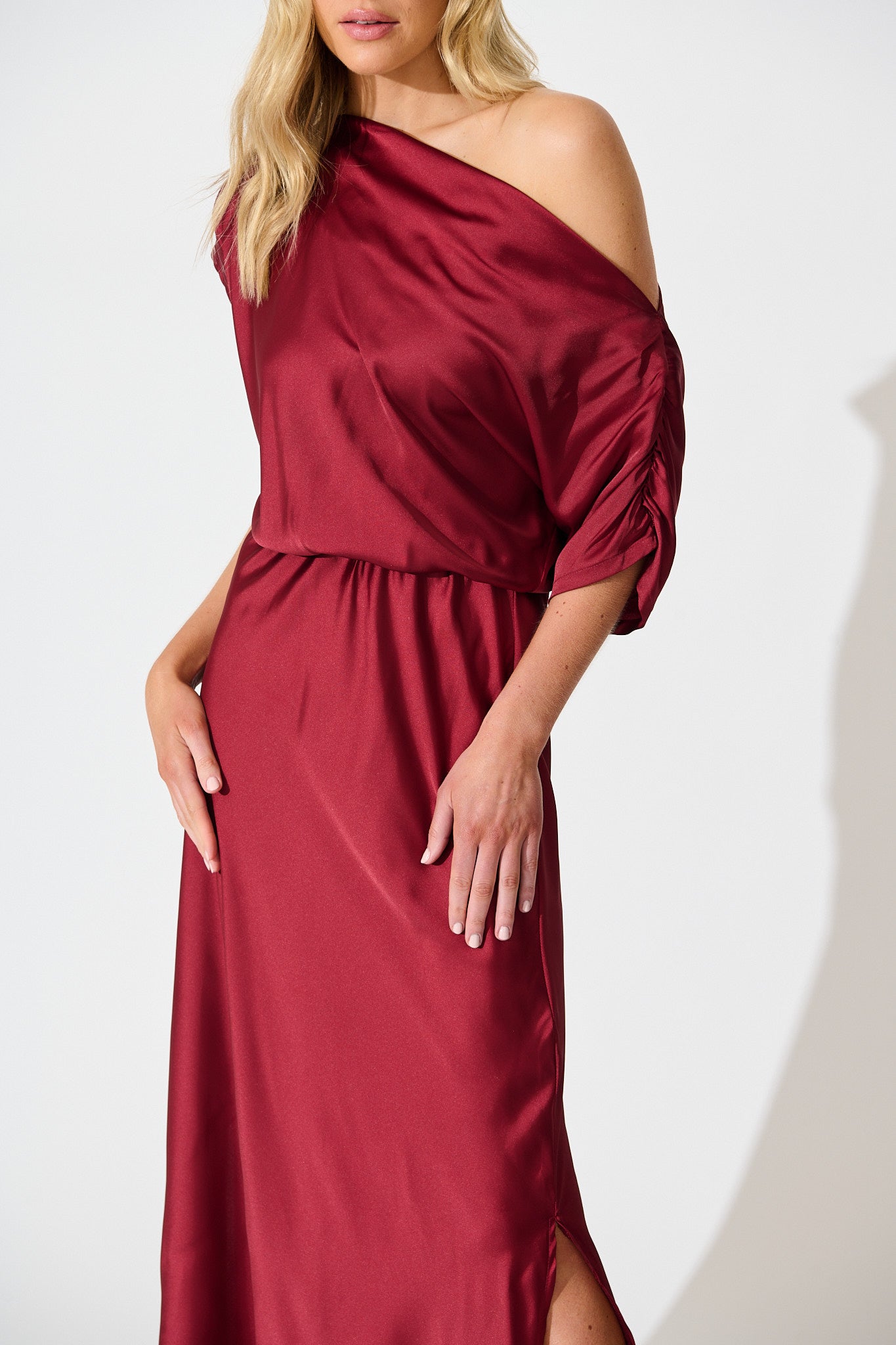 Sarita Maxi Off Shoulder Dress in Wine Satin