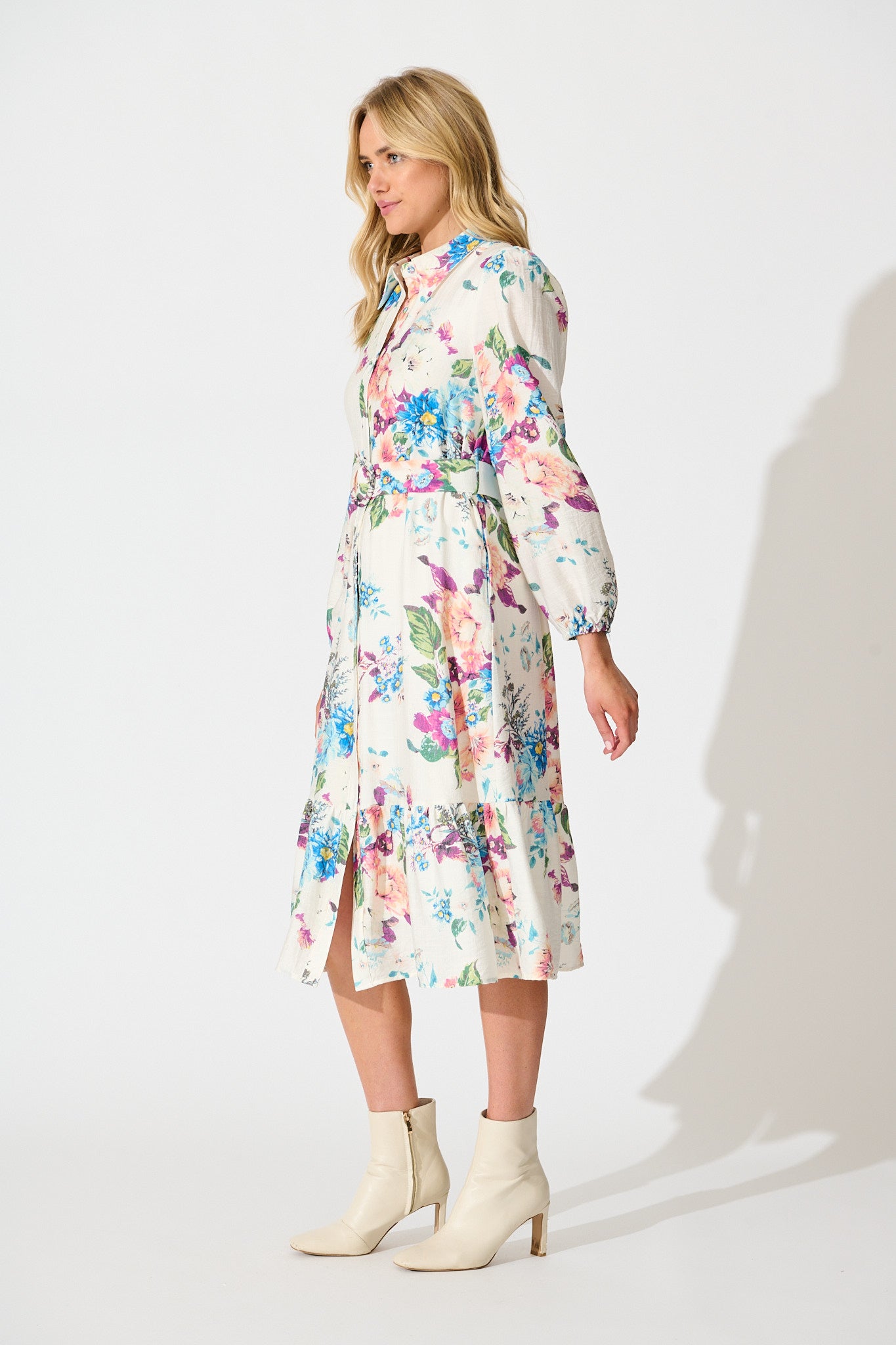 In Her Eyes Midi Shirt Dress in Cream with Multi Floral