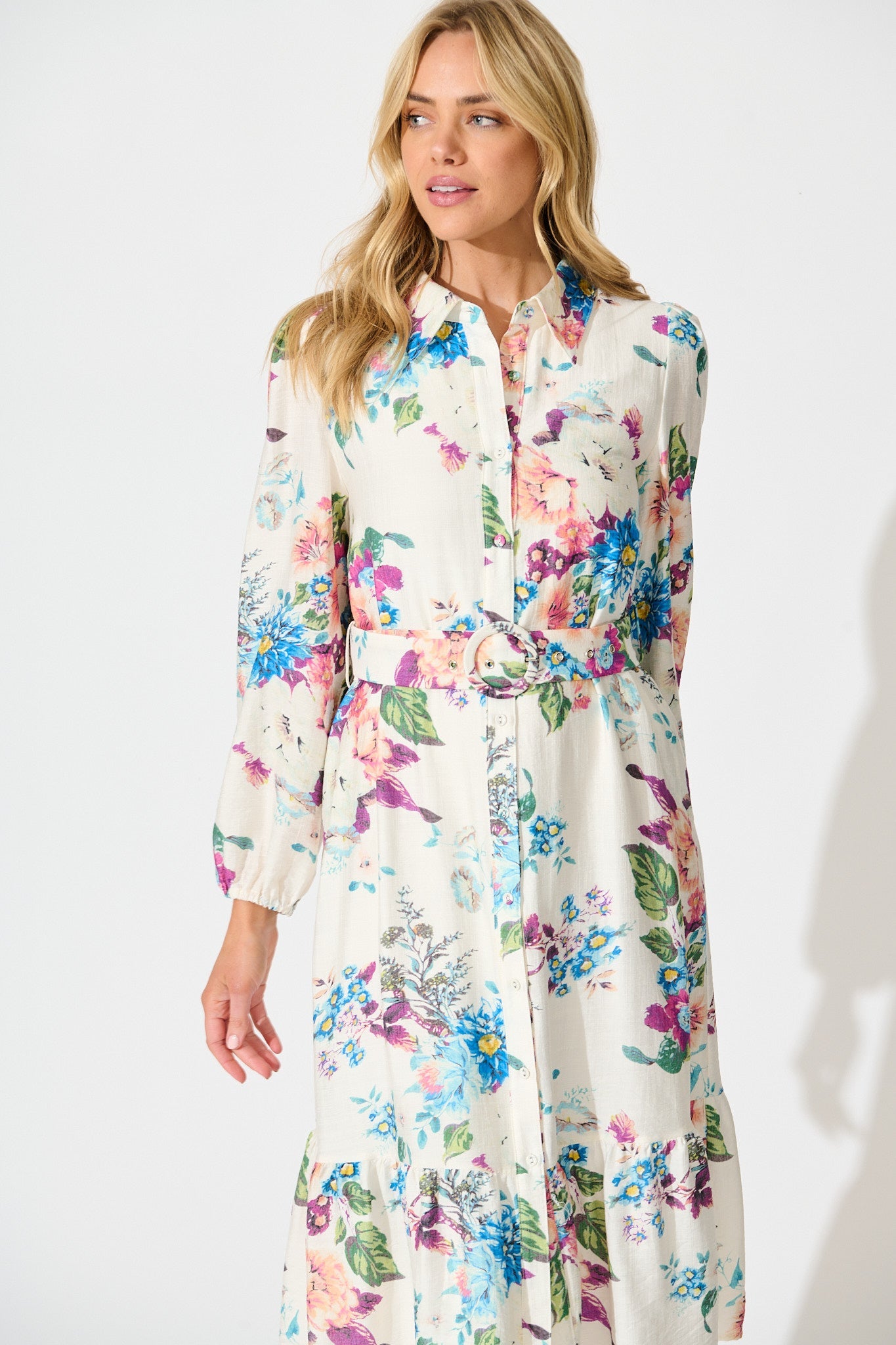In Her Eyes Midi Shirt Dress in Cream with Multi Floral