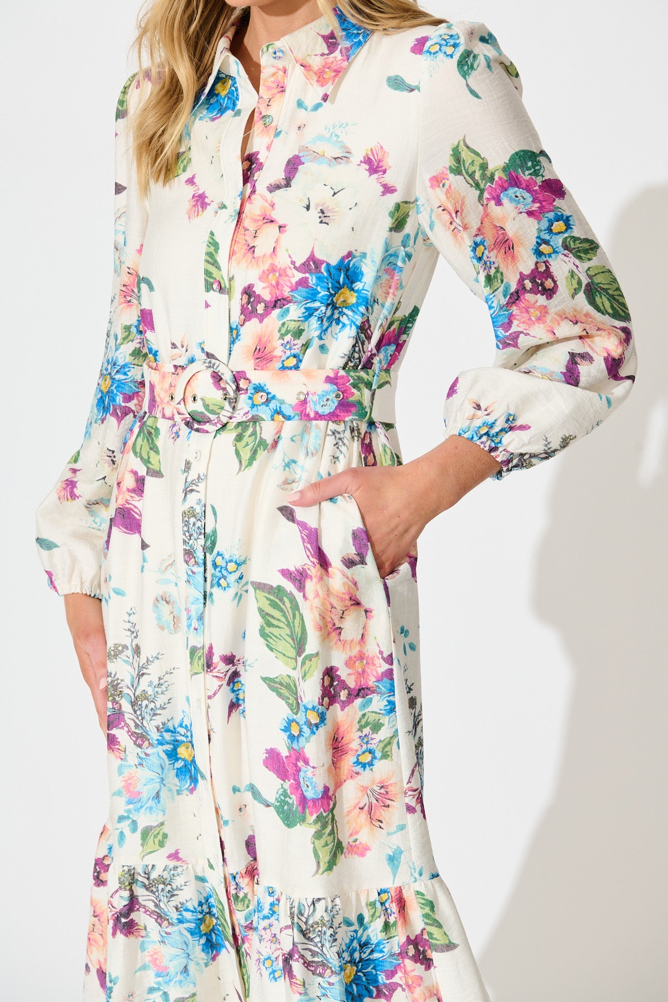 In Her Eyes Midi Shirt Dress in Cream with Multi Floral