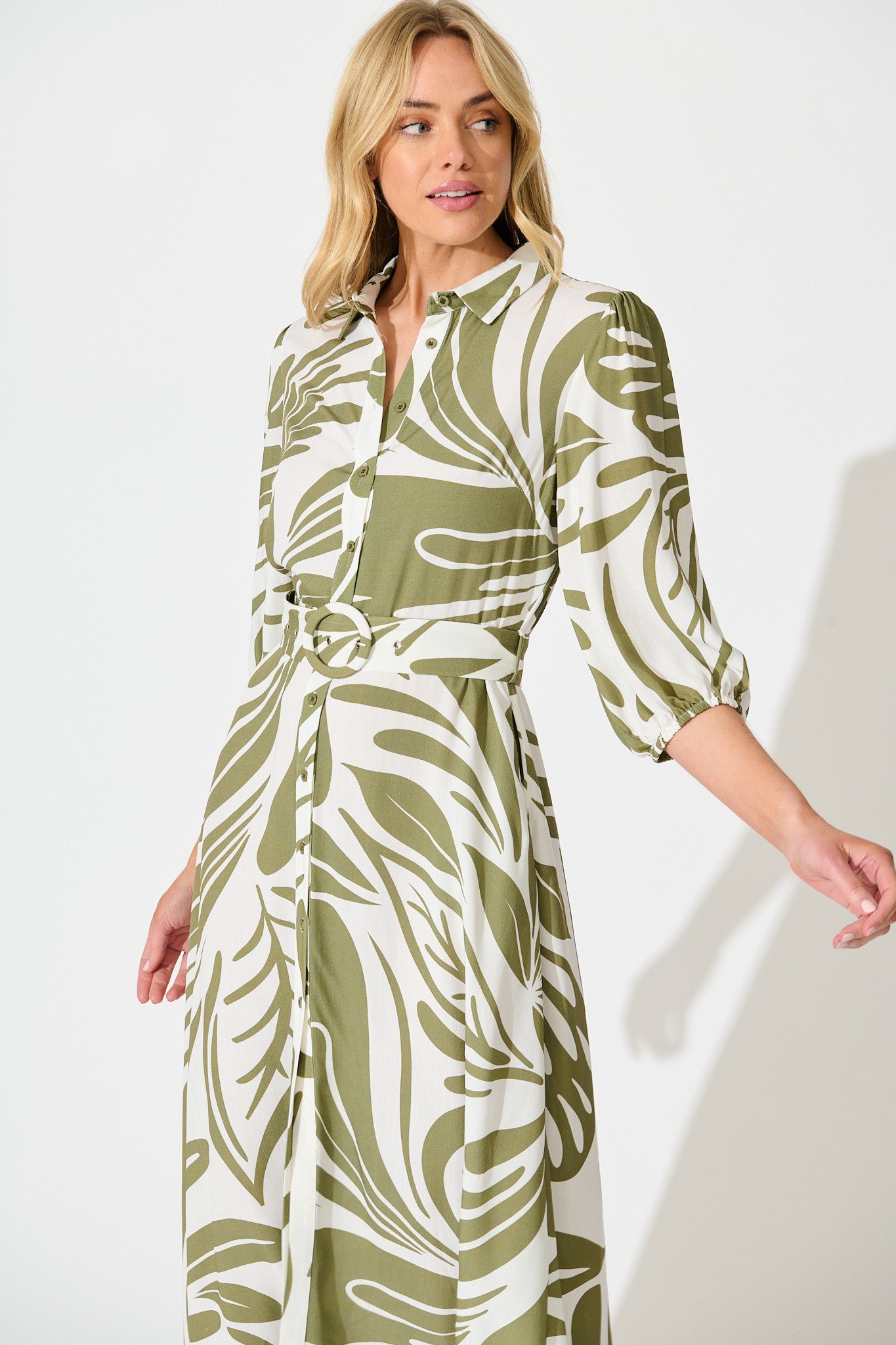 Karlina Midi Shirt Dress in Cream with Khaki Linen Blend