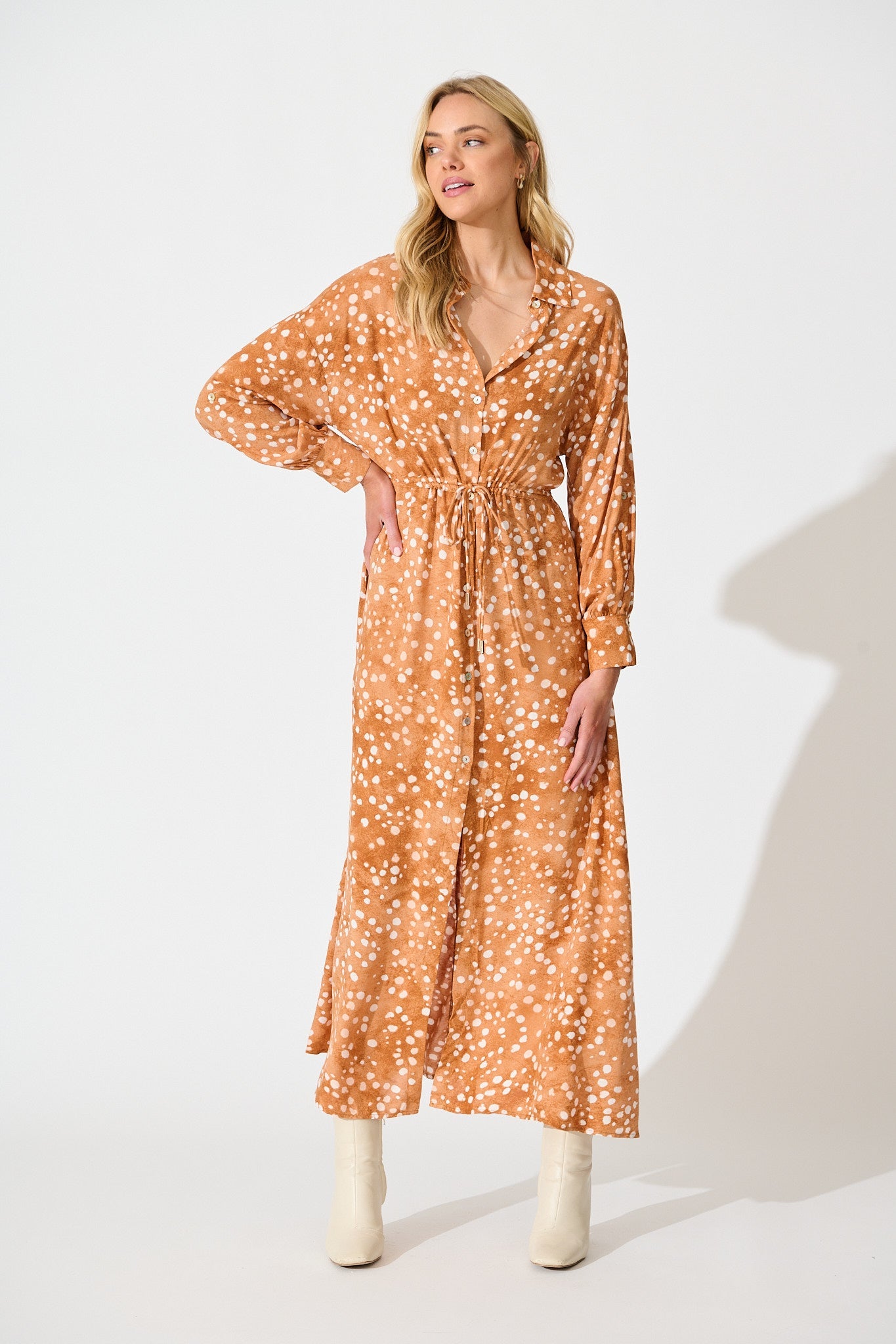 Chrishelle Maxi Shirt Dress in Tan with Cream Spot