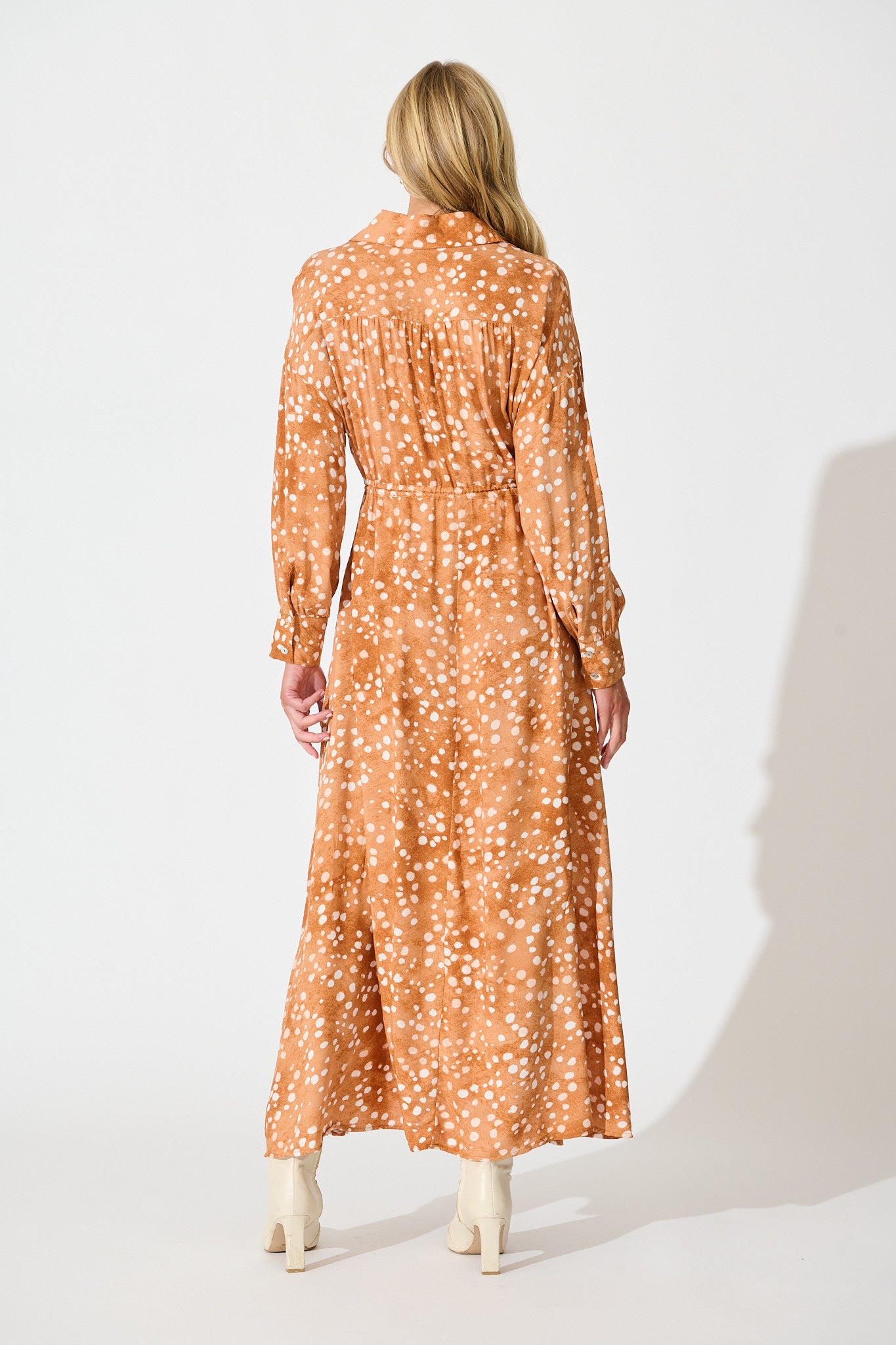 Chrishelle Maxi Shirt Dress in Tan with Cream Spot