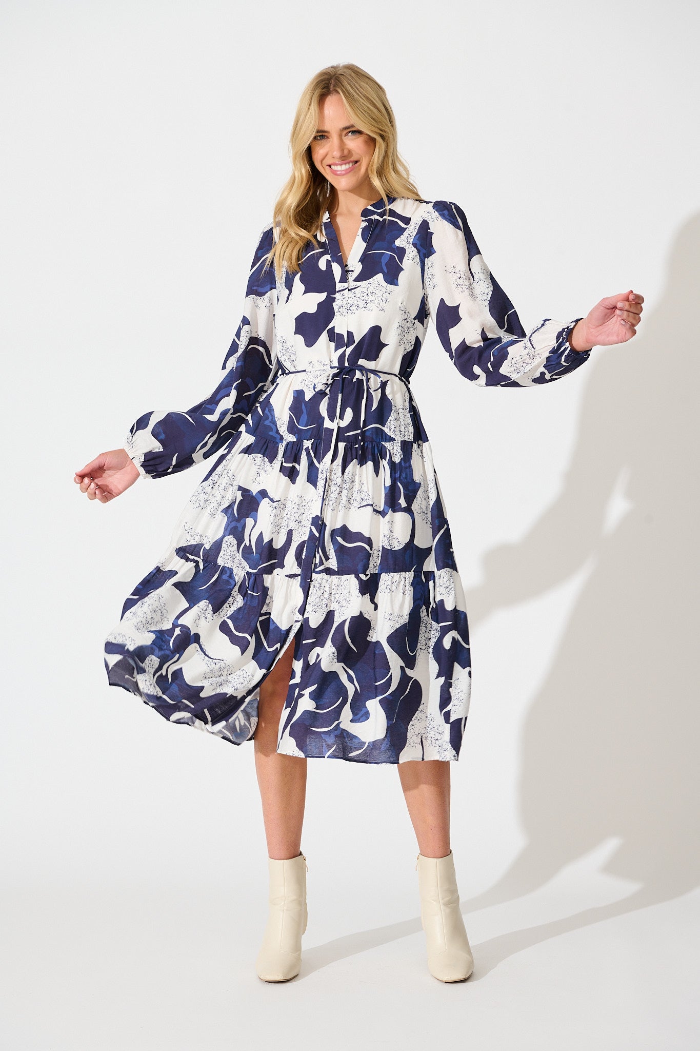 Prestige Midi Dress in White and Navy Print