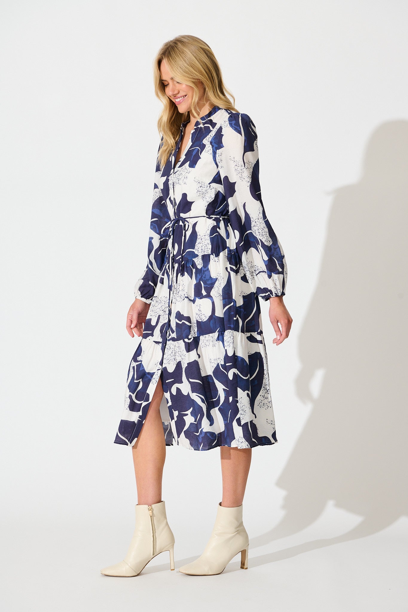 Prestige Midi Dress in White and Navy Print