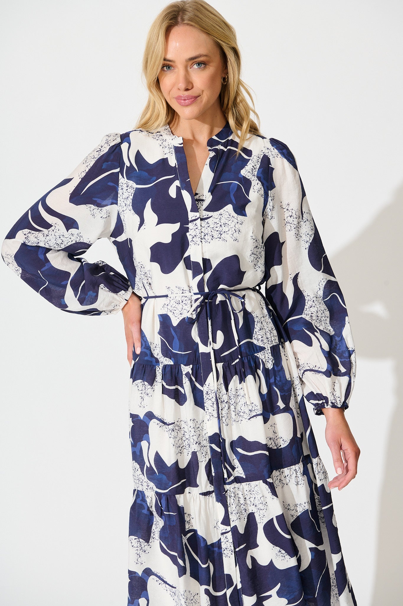 Prestige Midi Dress in White and Navy Print