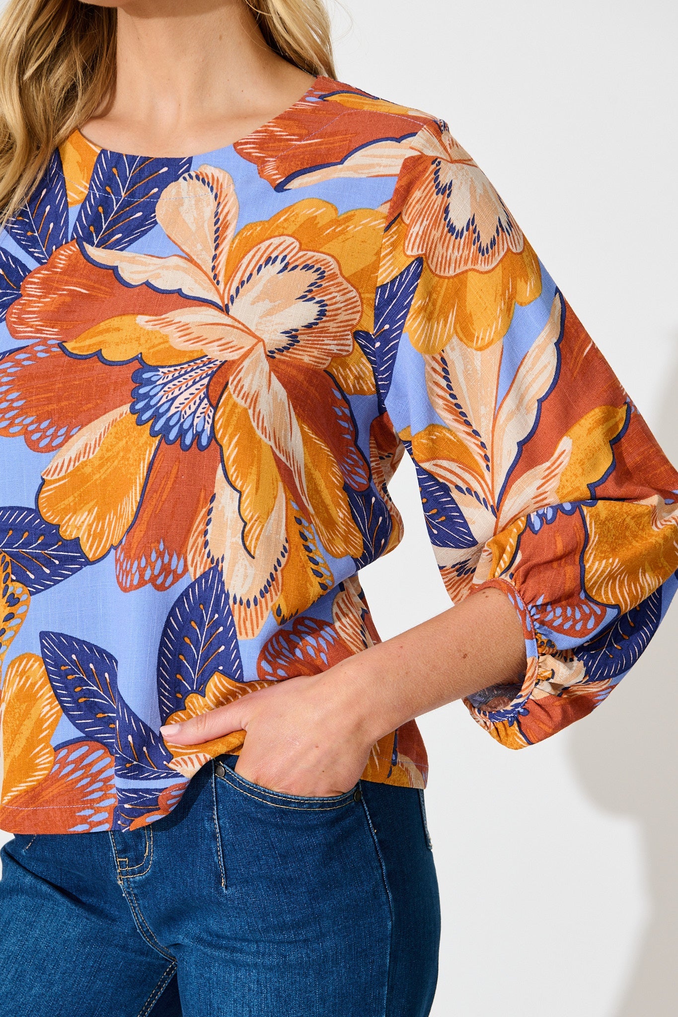 Bambi Top in Multi Print Linen Blend