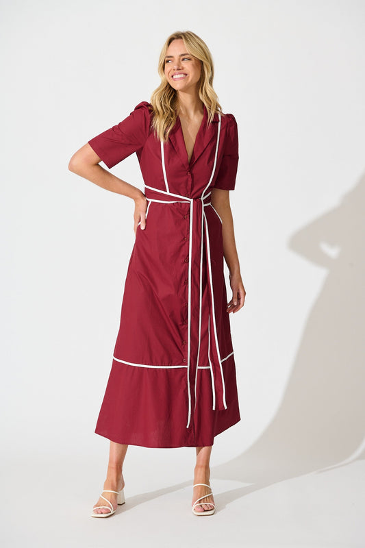 Rhea Maxi Shirt Dress in Wine with Contrast Piping Cotton