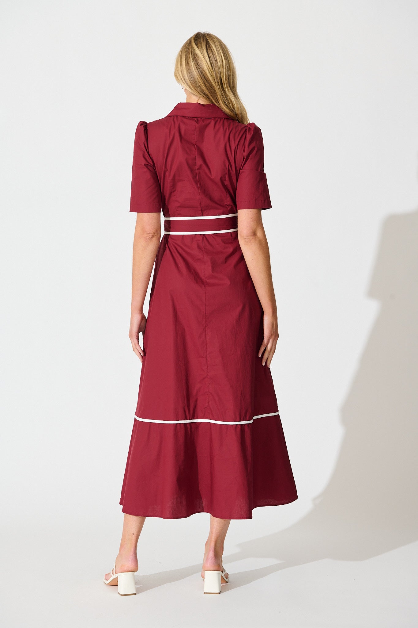 Rhea Maxi Shirt Dress in Wine with Contrast Piping Cotton