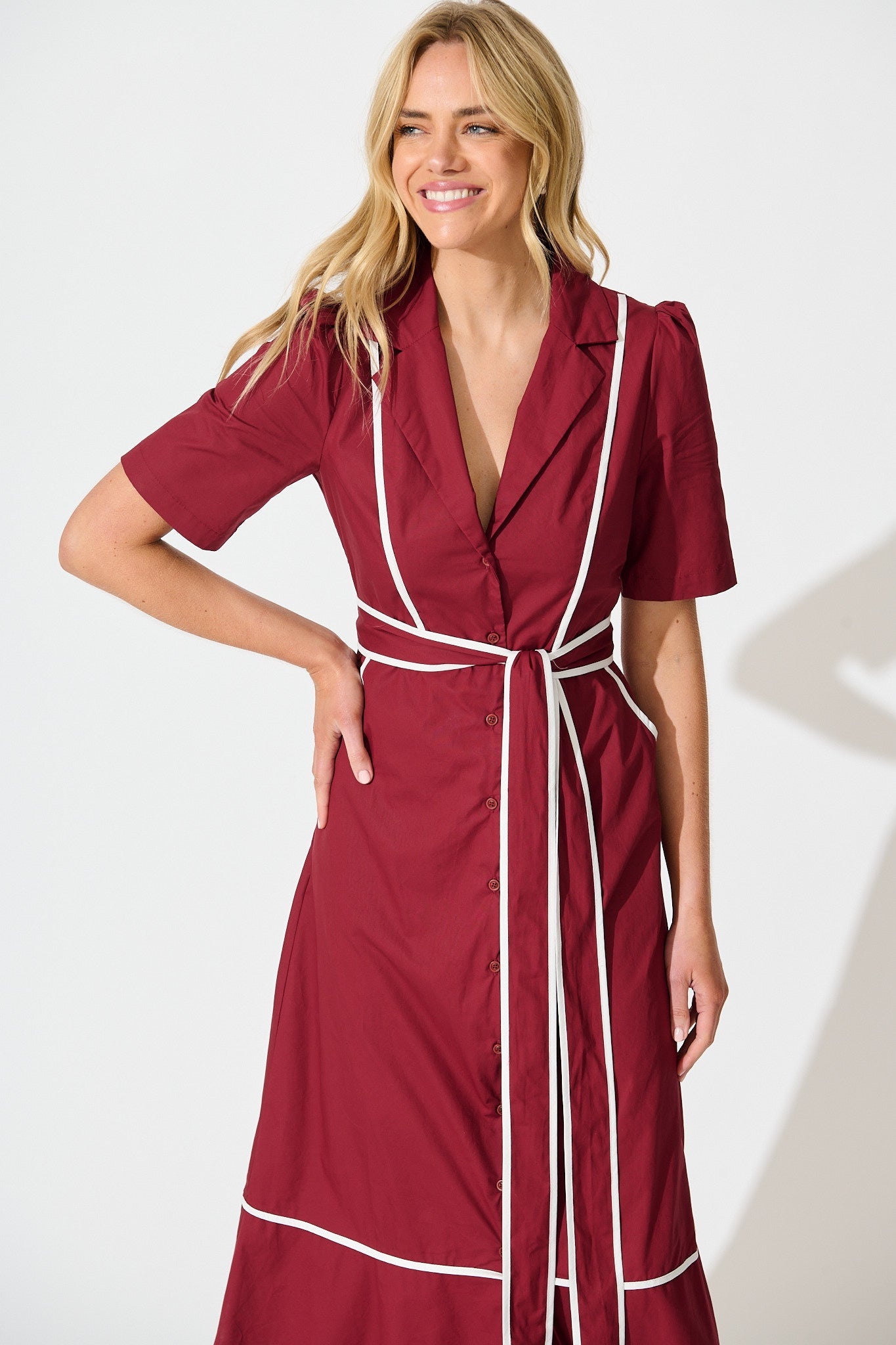 Rhea Maxi Shirt Dress in Wine with Contrast Piping Cotton