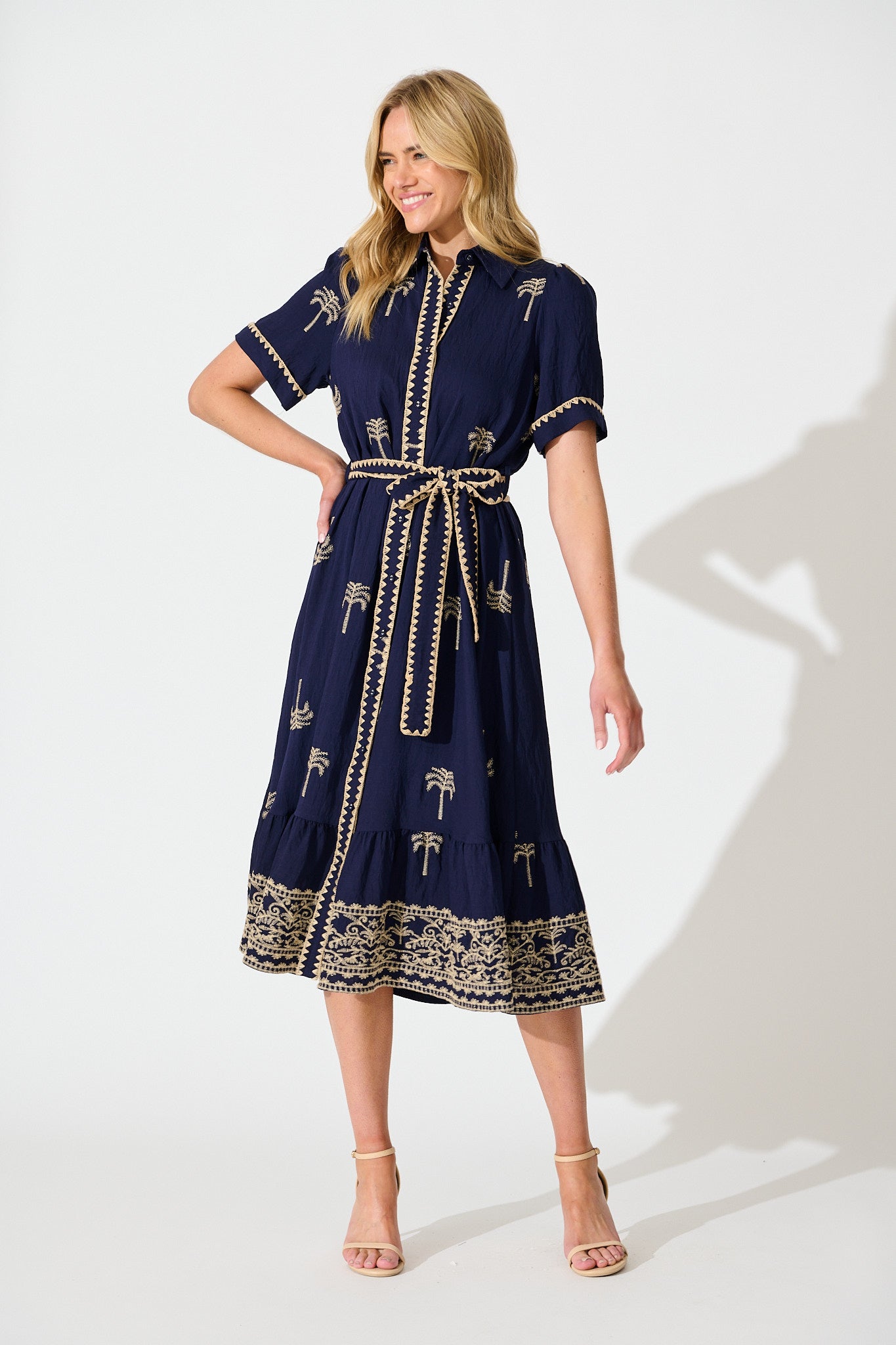 Parker Midi Shirt Dress in Navy with Palm Embroidery