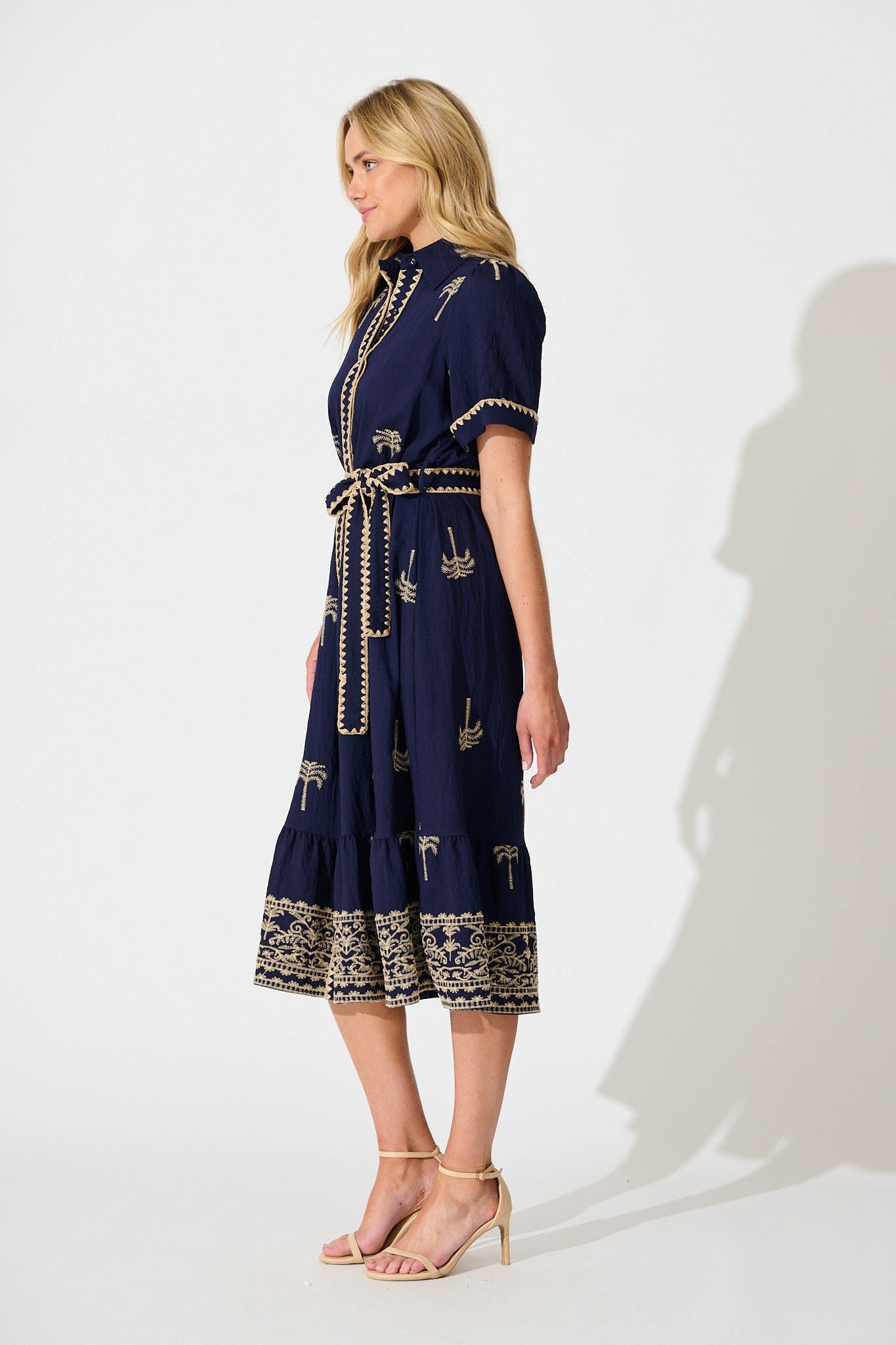Parker Midi Shirt Dress in Navy with Palm Embroidery
