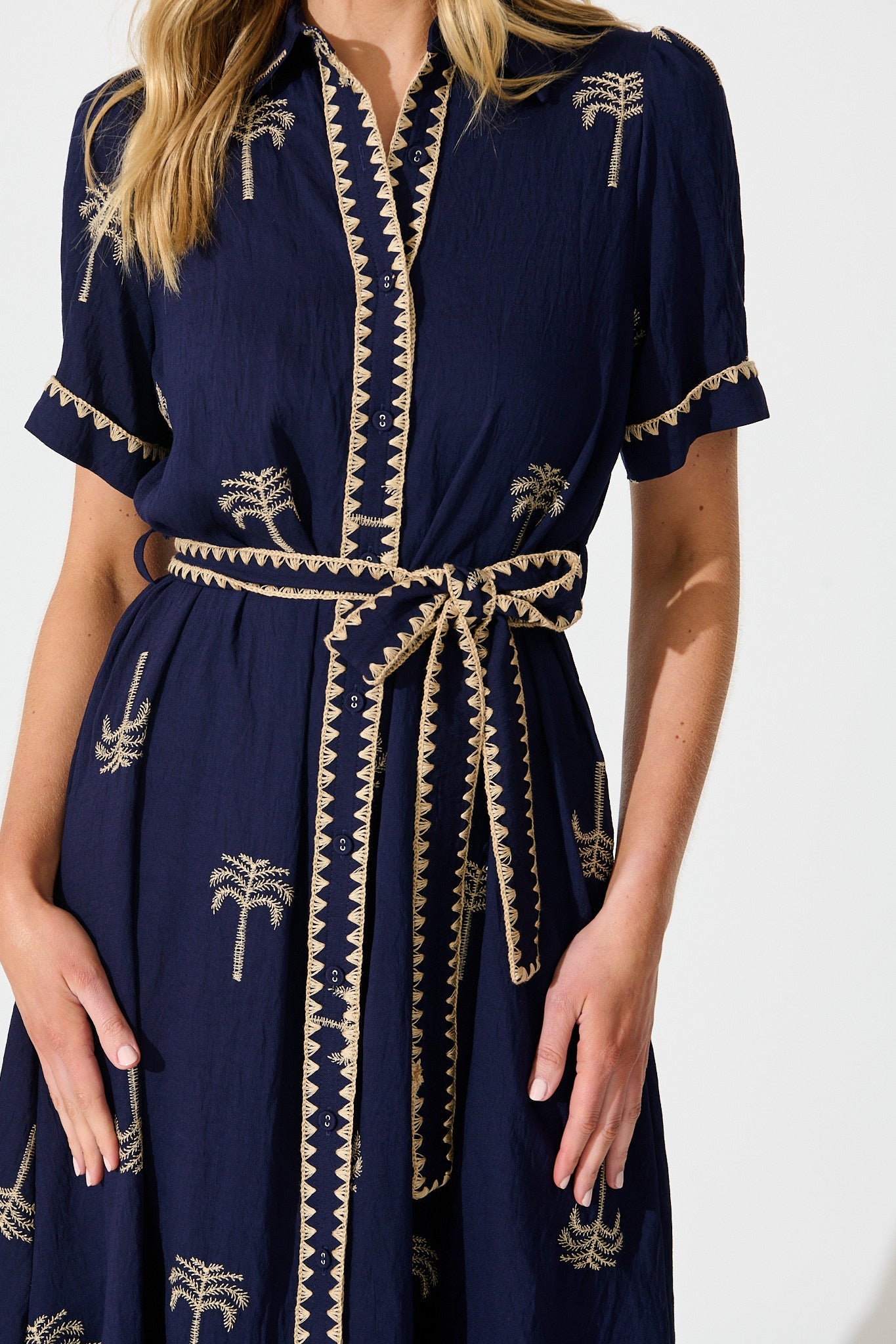 Parker Midi Shirt Dress in Navy with Palm Embroidery