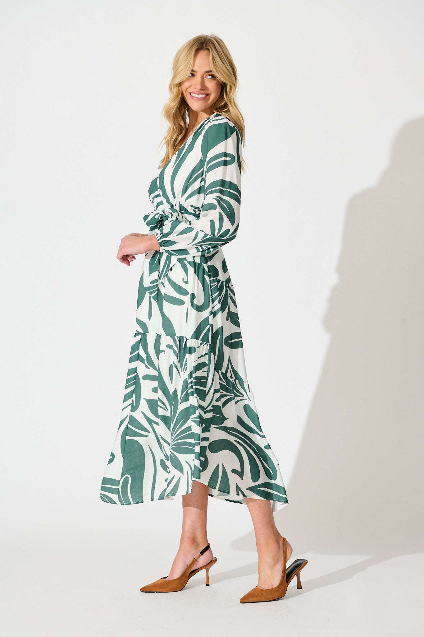 Talk To Me Midi Dress in Green with White Print
