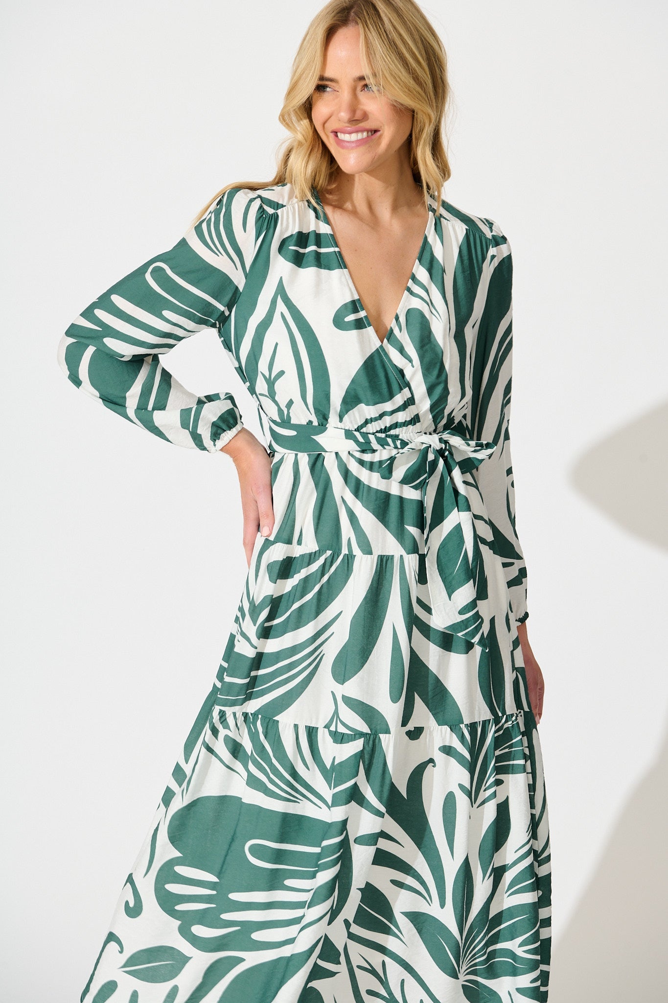Talk To Me Midi Dress in Green with White Print