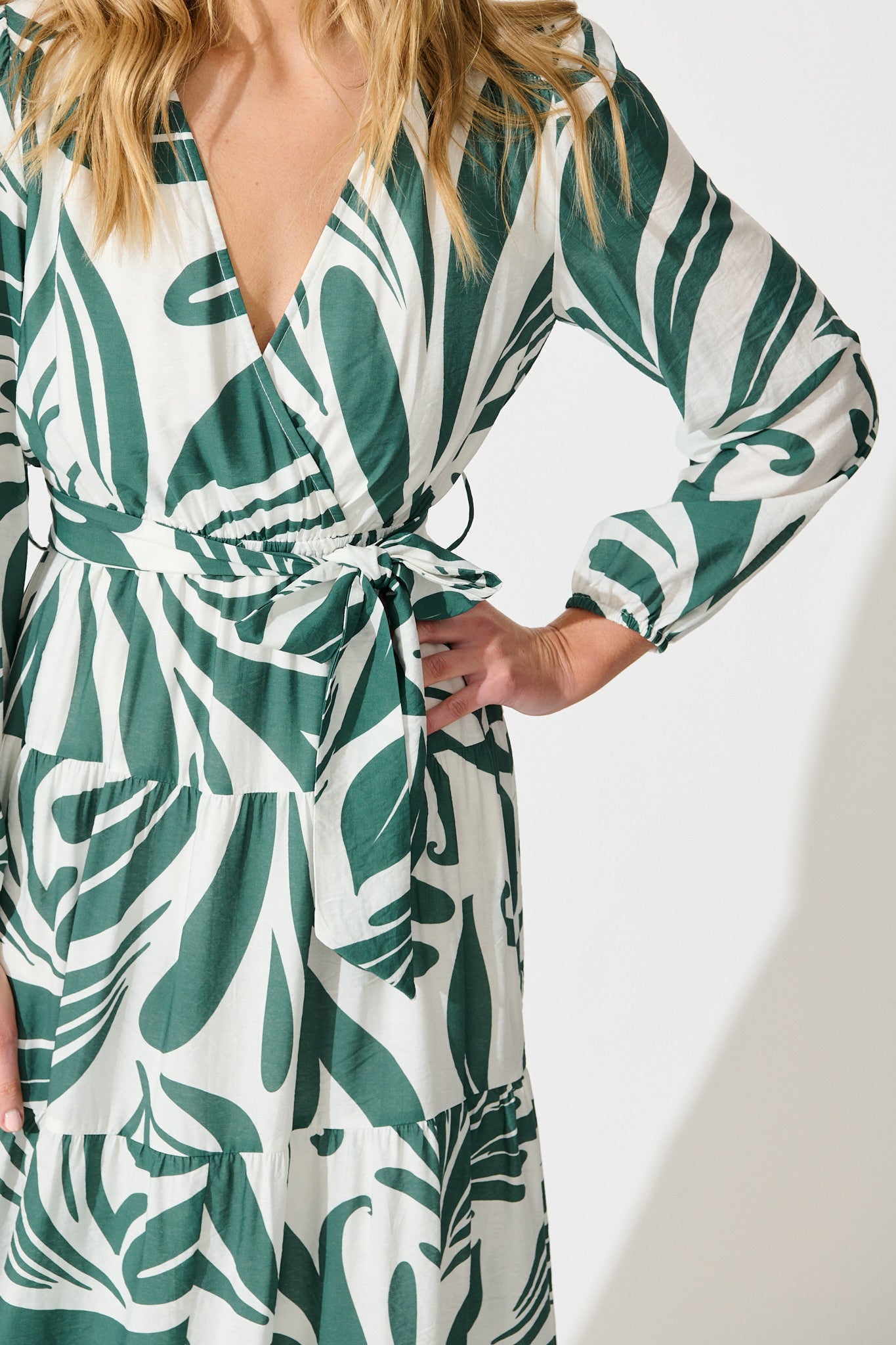 Talk To Me Midi Dress in Green with White Print