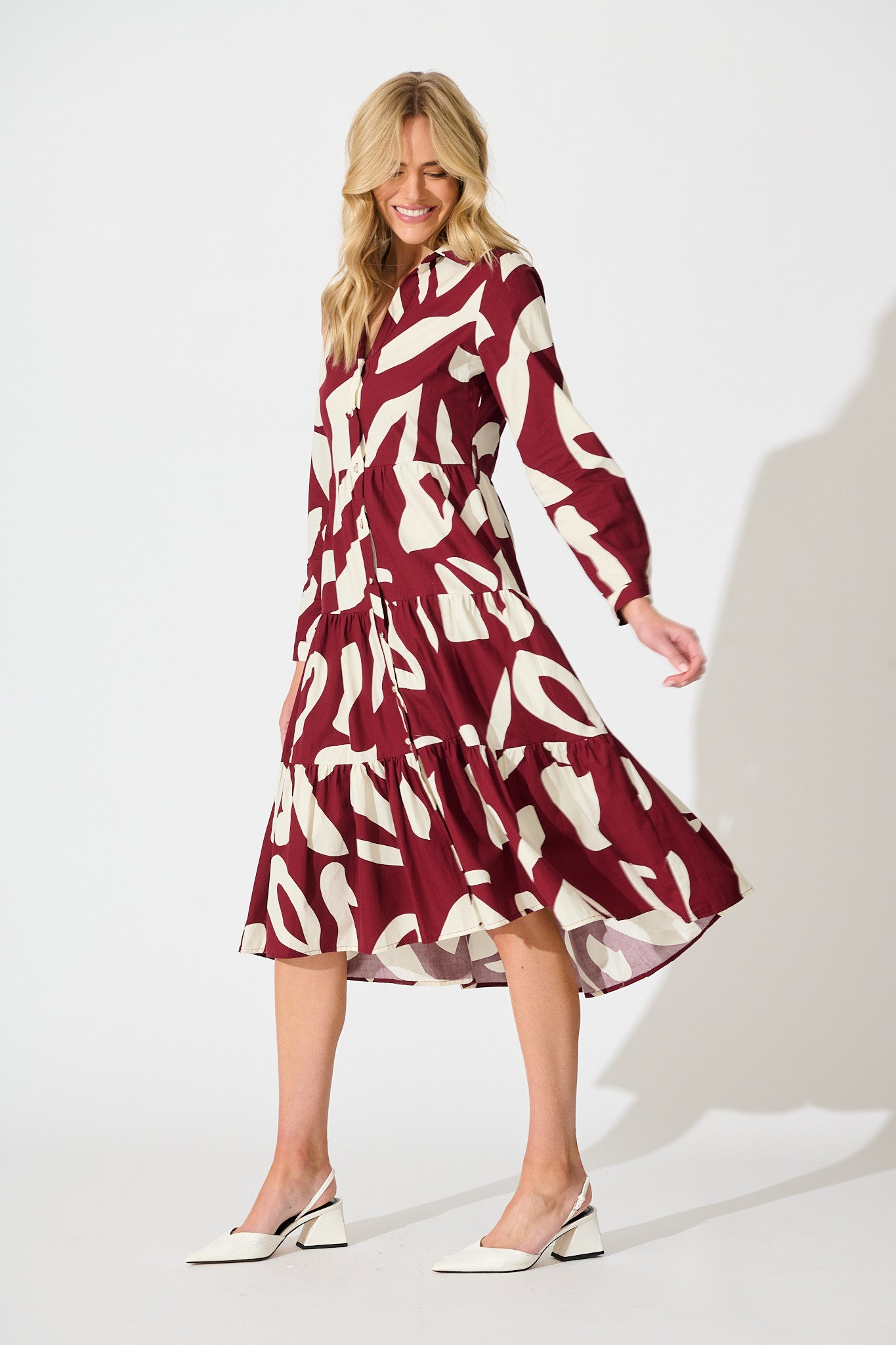 Endless Wishes Midi Shirt Dress in Wine with White Cotton