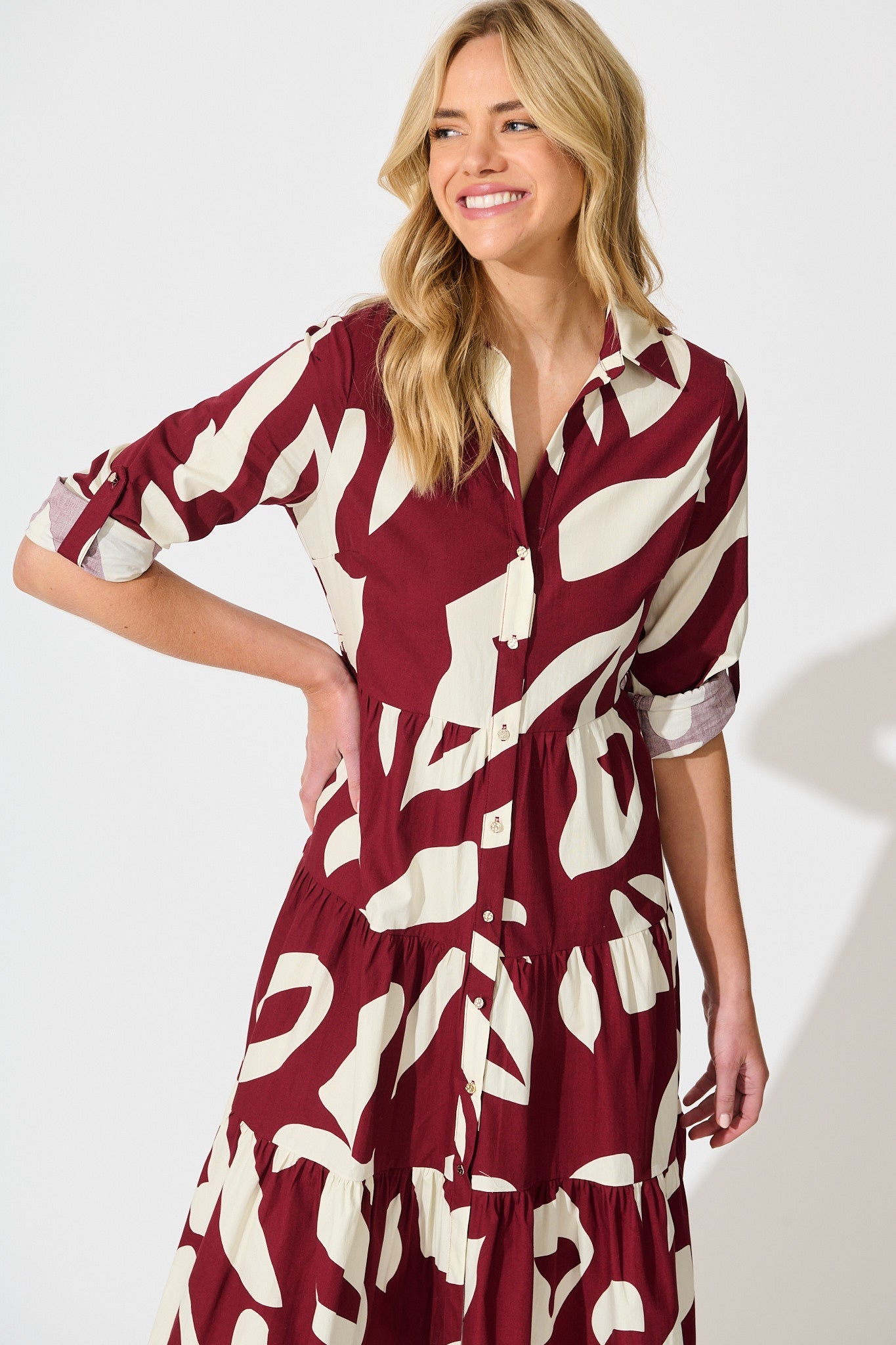 Endless Wishes Midi Shirt Dress in Wine with White Cotton