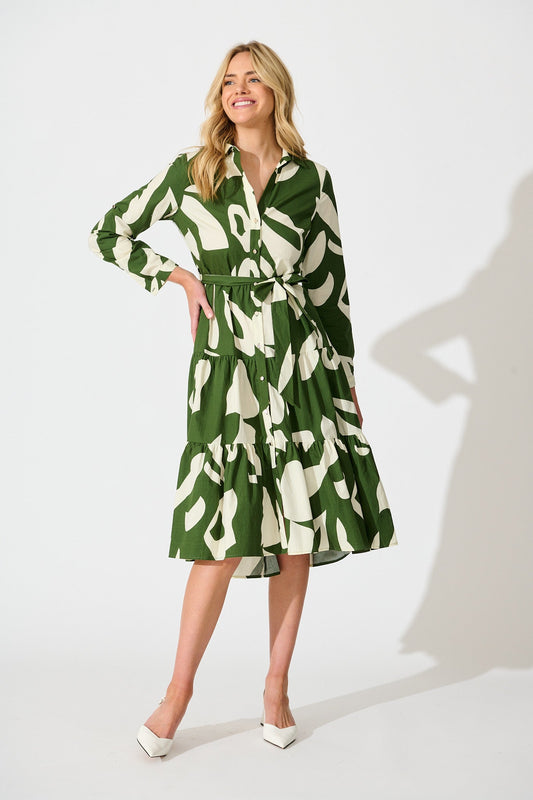 Endless Wishes Midi Shirt Dress in Green with White Cotton