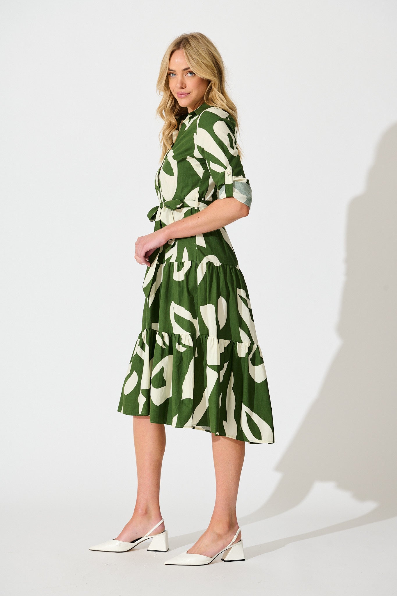 Endless Wishes Midi Shirt Dress in Green with White Cotton