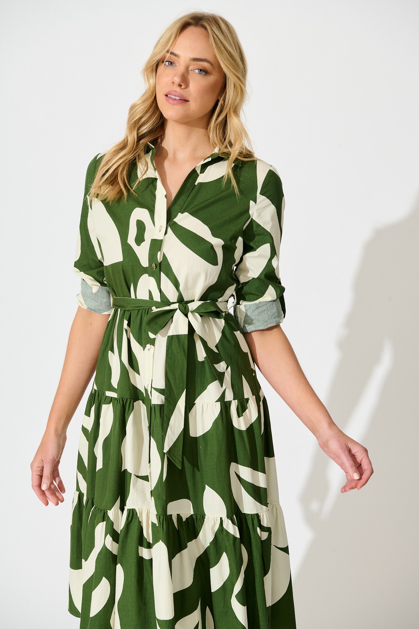 Endless Wishes Midi Shirt Dress in Green with White Cotton