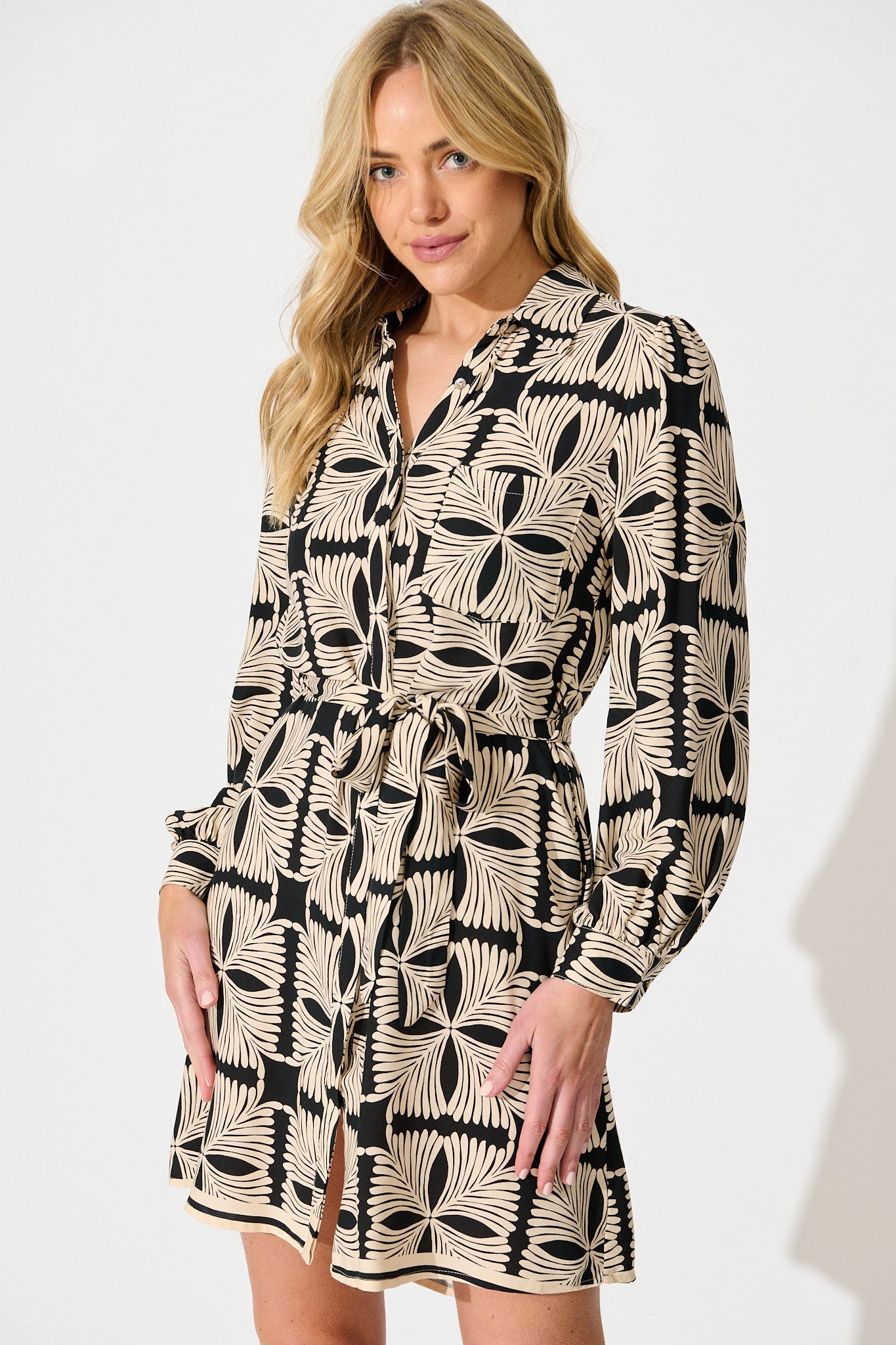 Marisol Shirt Dress in Cream with Black Tile Print
