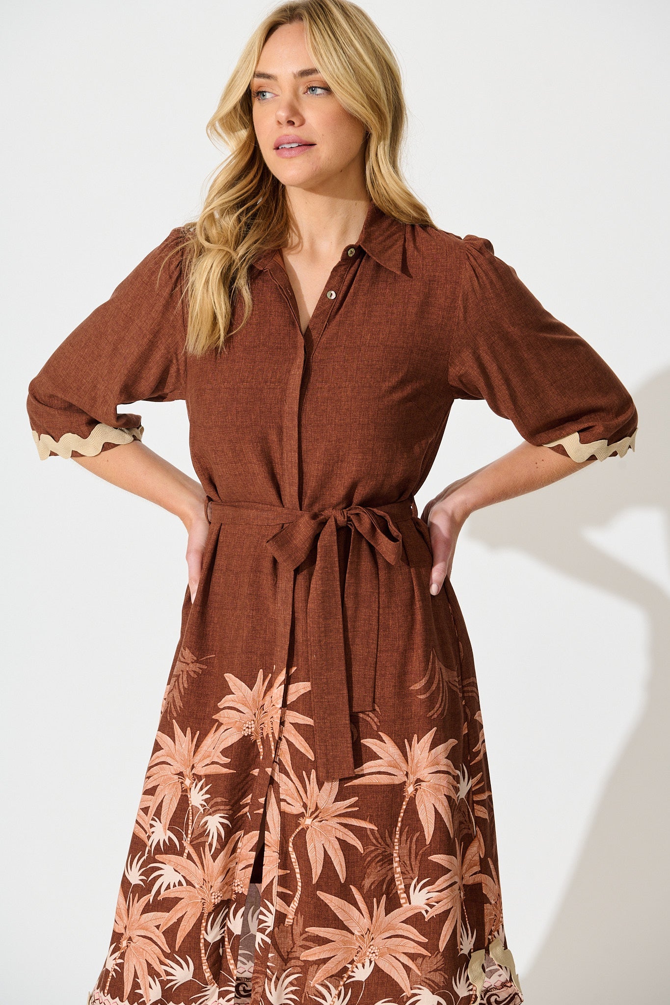 Mirabelle Midi Shirt Dress in Brown Palm Tree Border Print