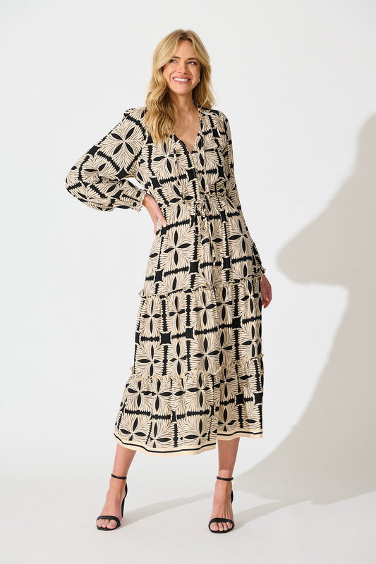 Frankie Midi Dress in Cream with Black Tile Print