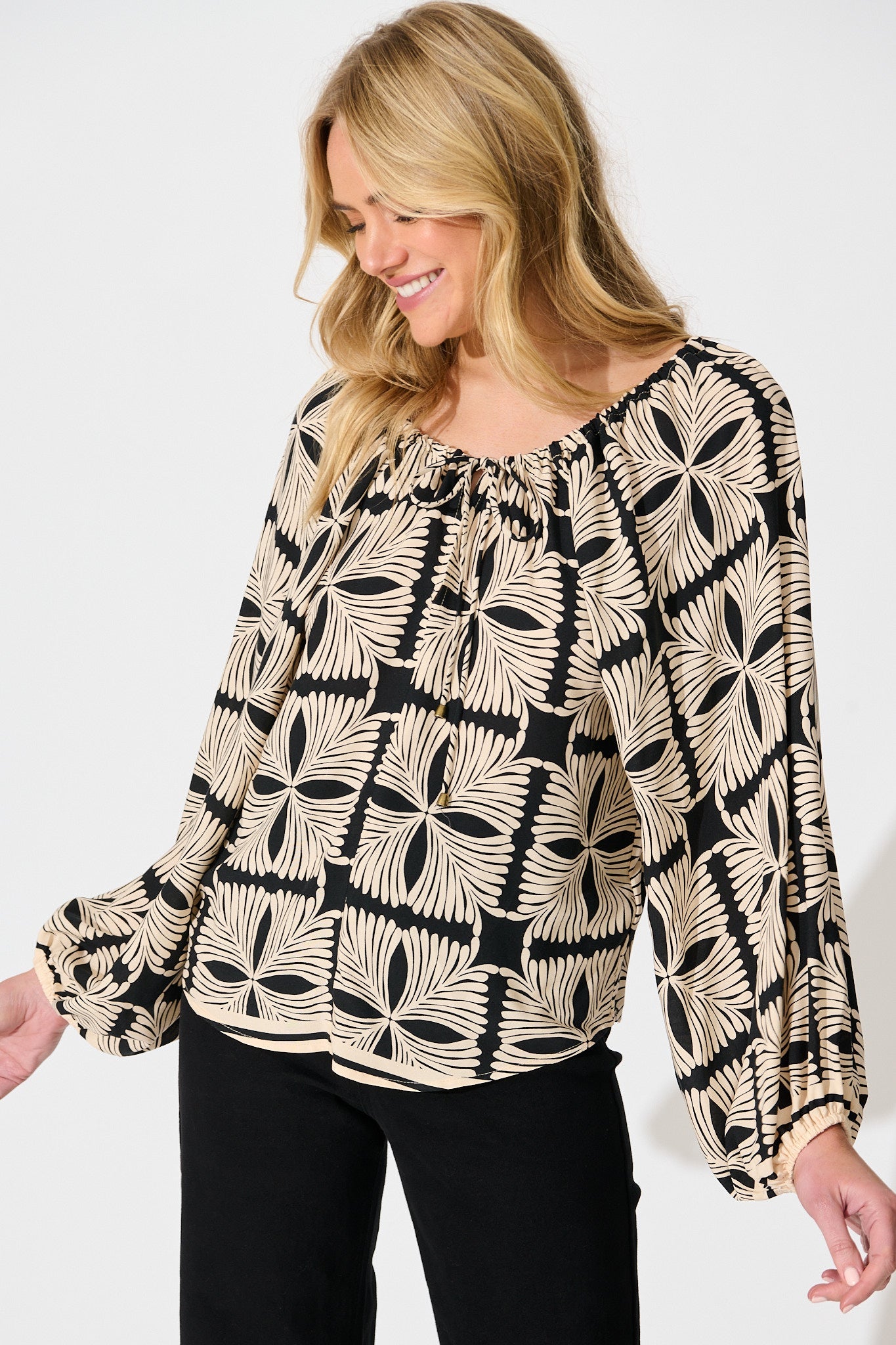 Marcy Top in Cream with Black Tile Print