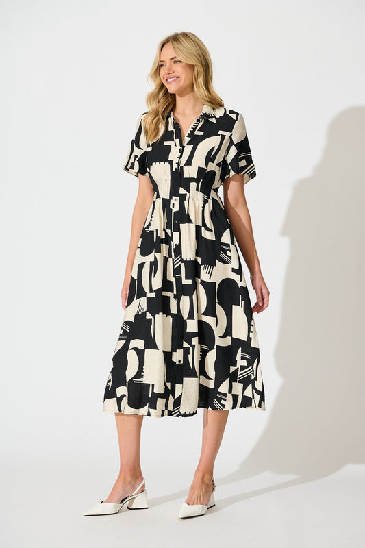 Allara Midi Shirt Dress in Black with Cream Geometric Print