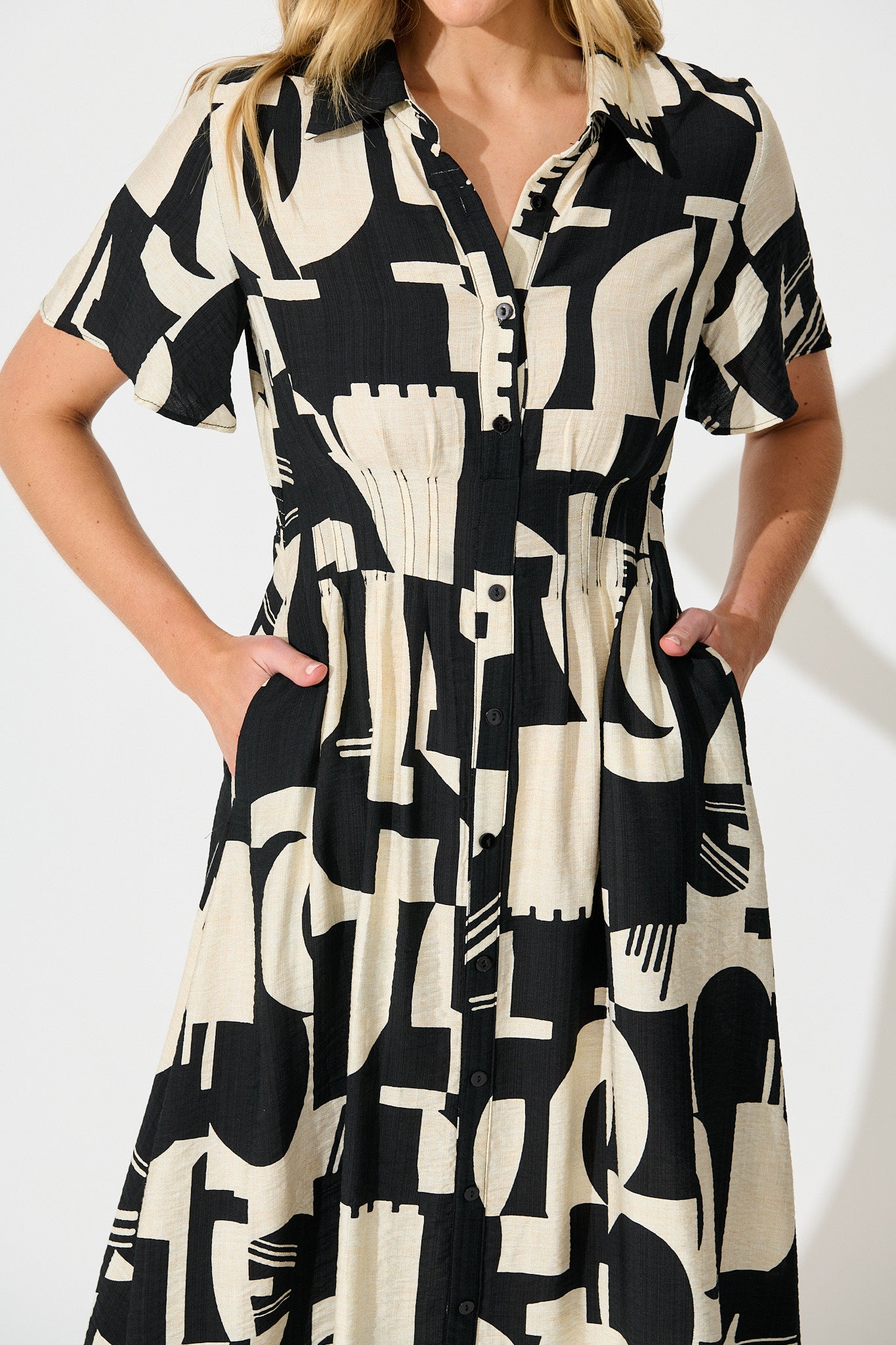 Allara Midi Shirt Dress in Black with Cream Geometric Print