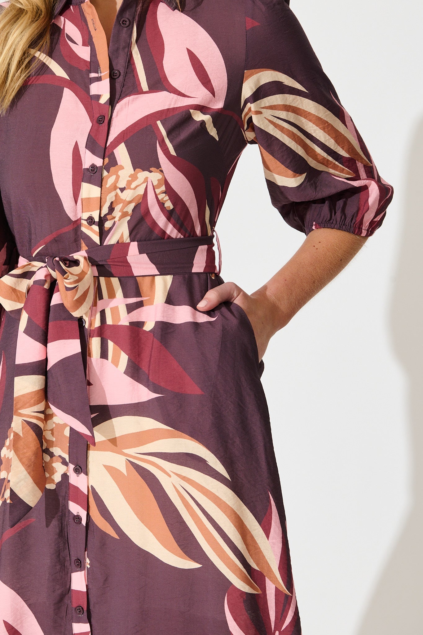 Alvia Midi Shirt Dress in Plum with Multi Floral Print