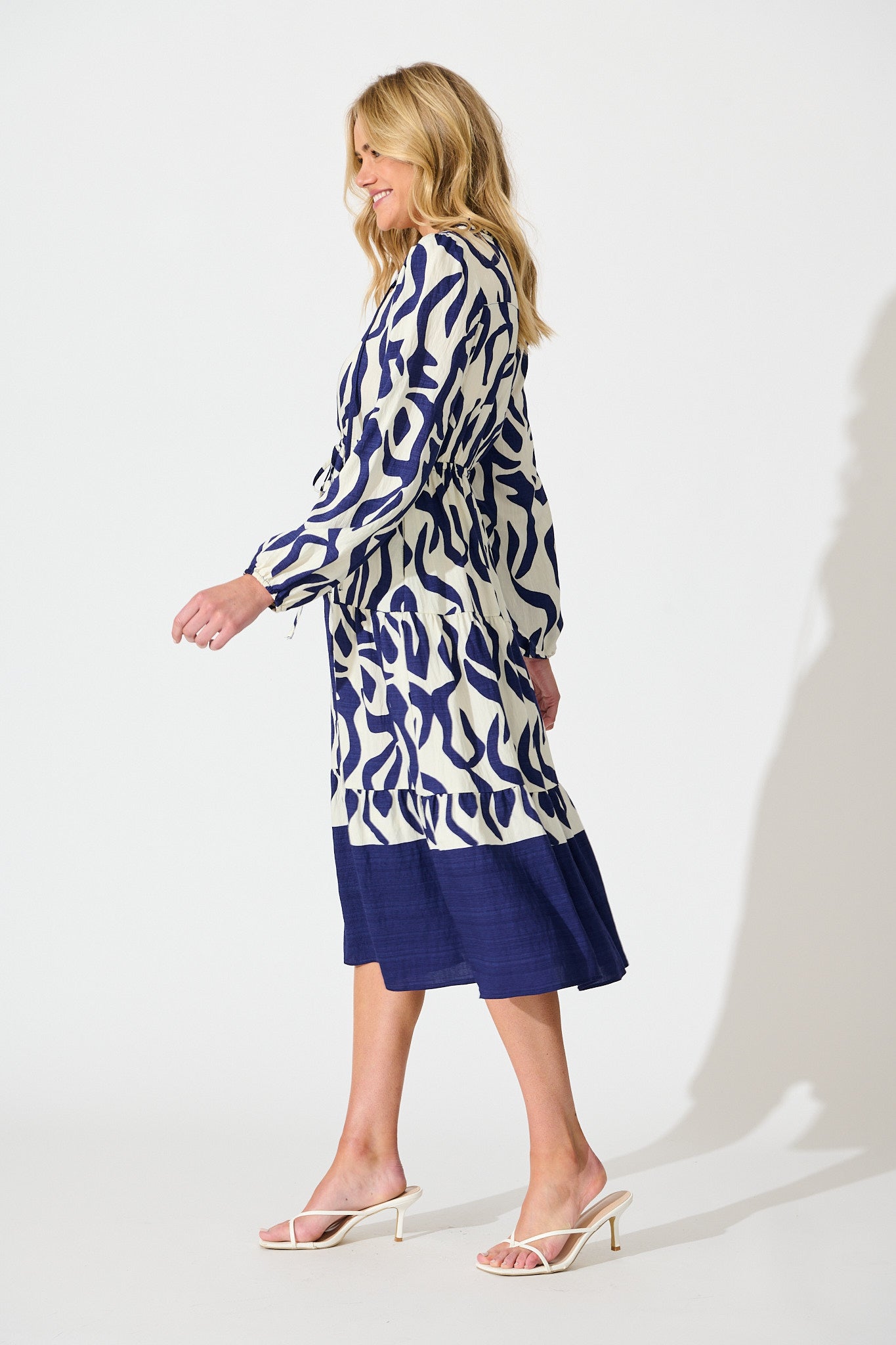 Lucky Day Midi Dress in White with Navy Print